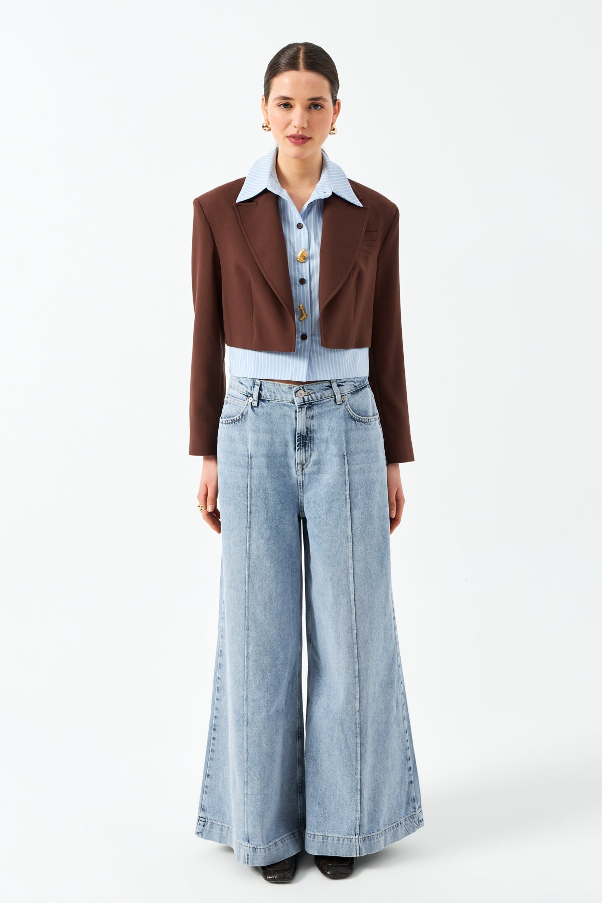 Düğmeli Kısa Blazer Ceket - Kahverengi