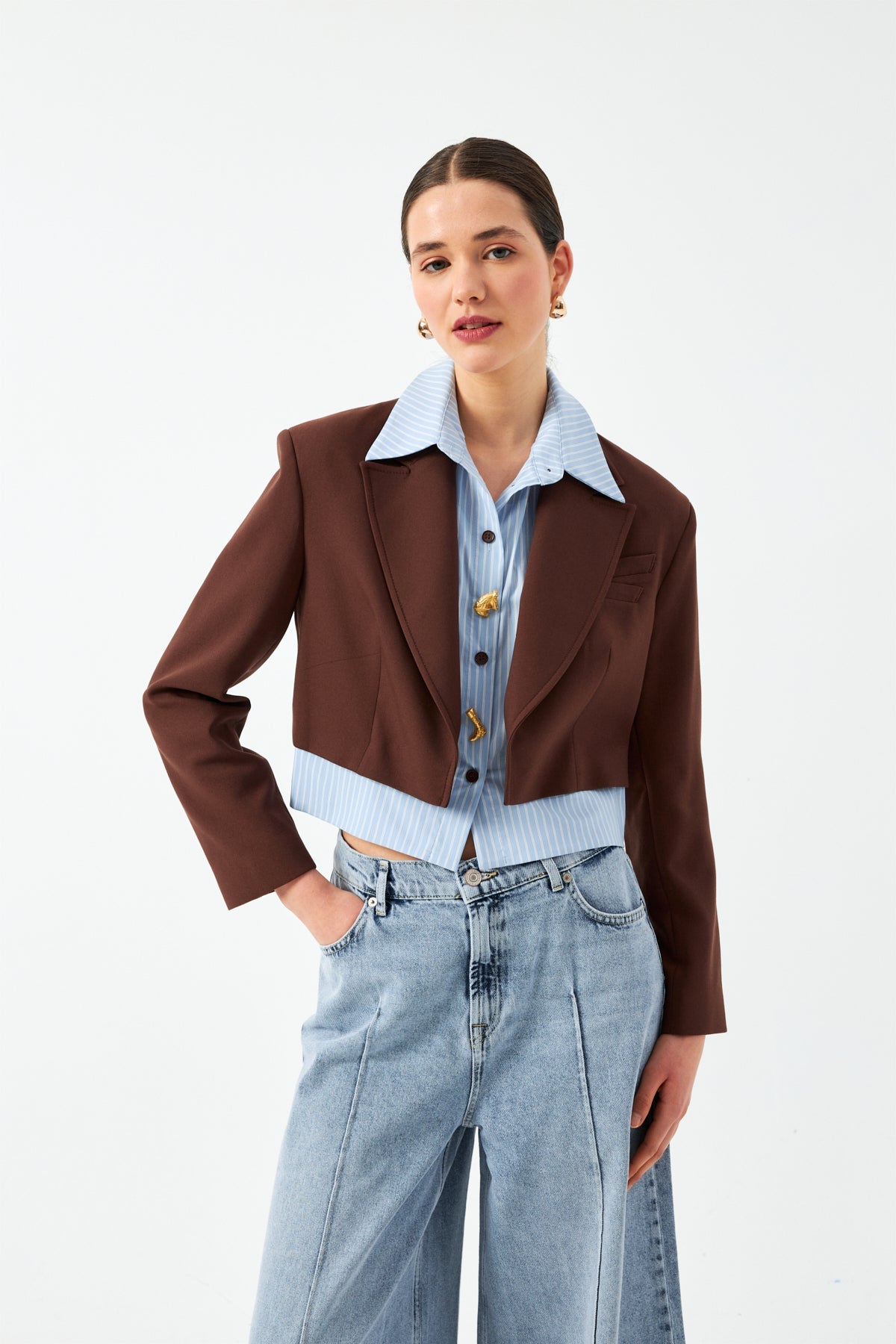 Düğmeli Kısa Blazer Ceket - Kahverengi