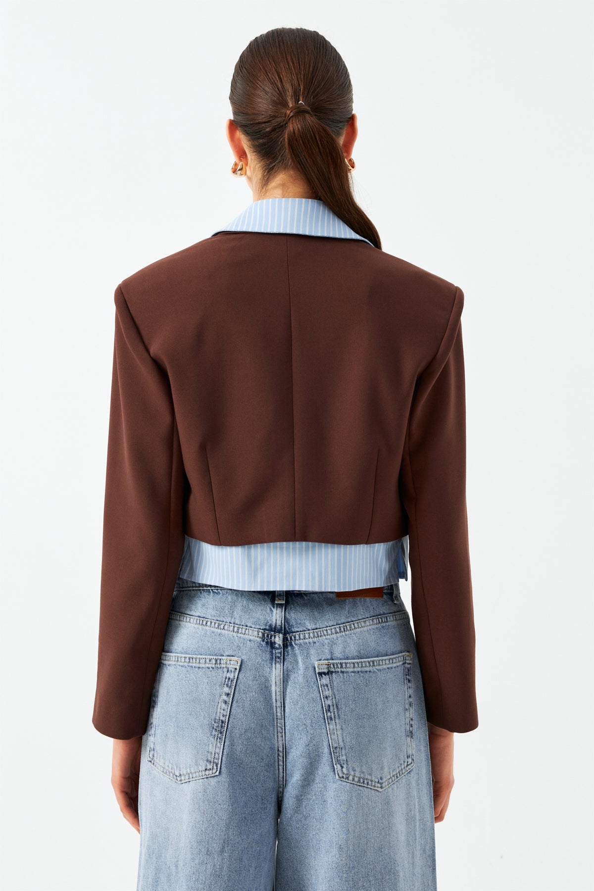 Düğmeli Kısa Blazer Ceket - Kahverengi