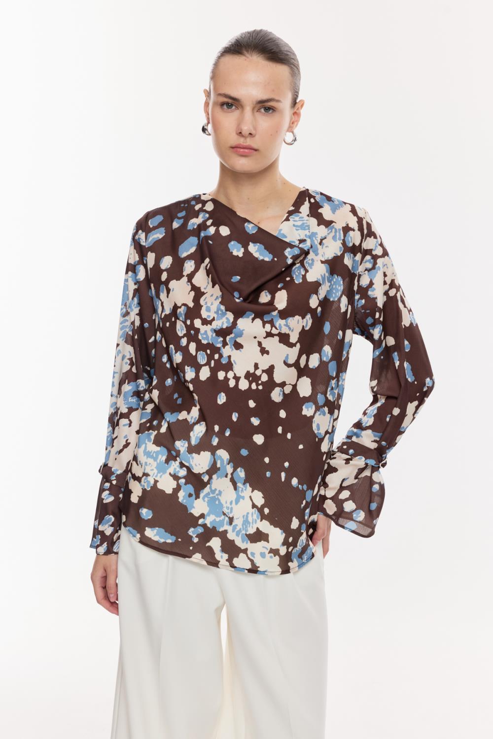 Drapeli Desenli Saten Bluz