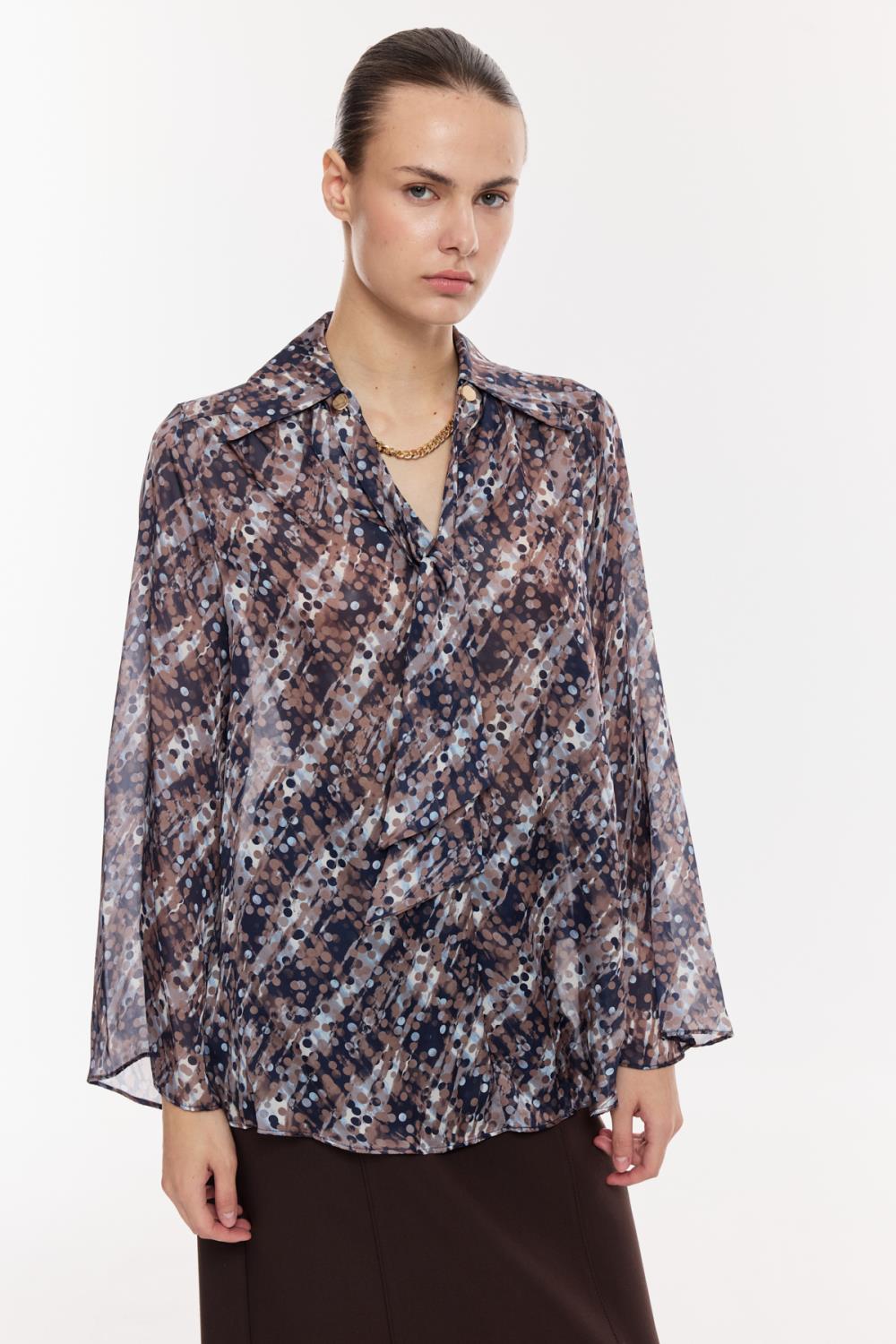 Desenli Şifon Drapeli Bluz