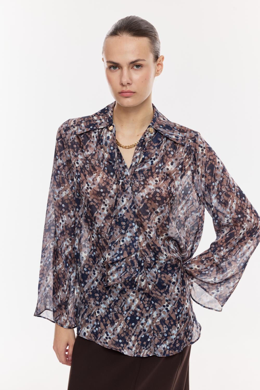 Desenli Şifon Drapeli Bluz