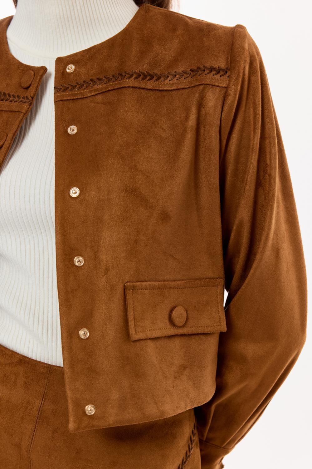 Düğmeli Süet Görünümlü Kısa Ceket