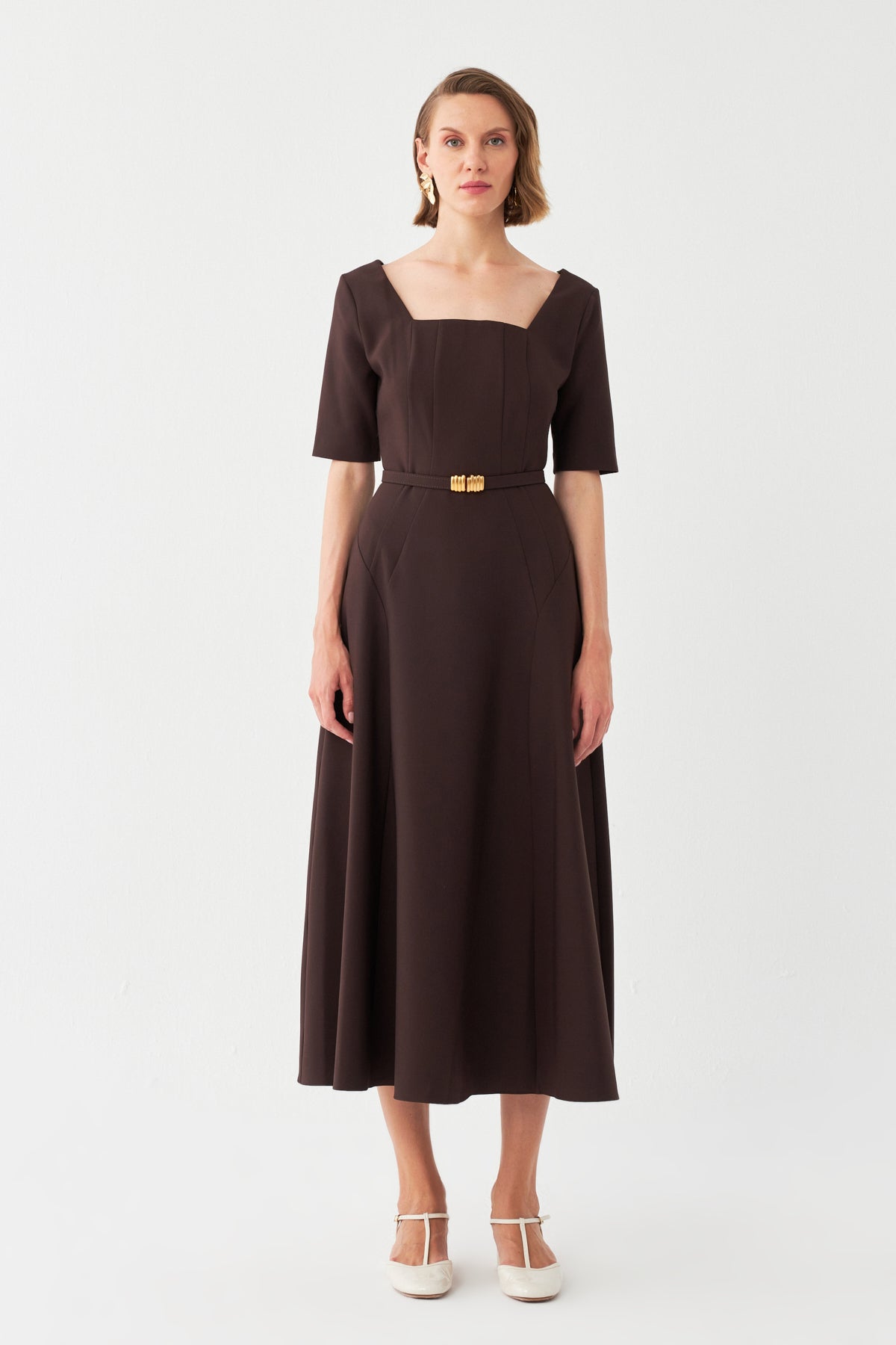 Kare Yaka Midi Elbise