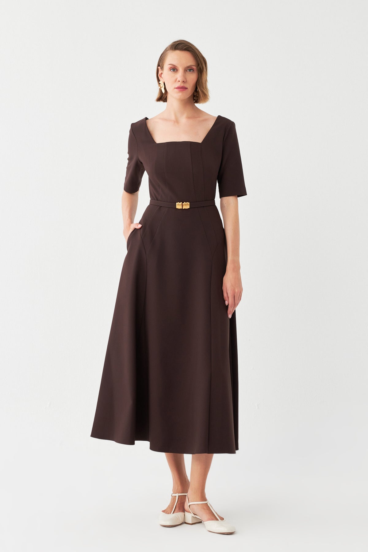 Kare Yaka Midi Elbise