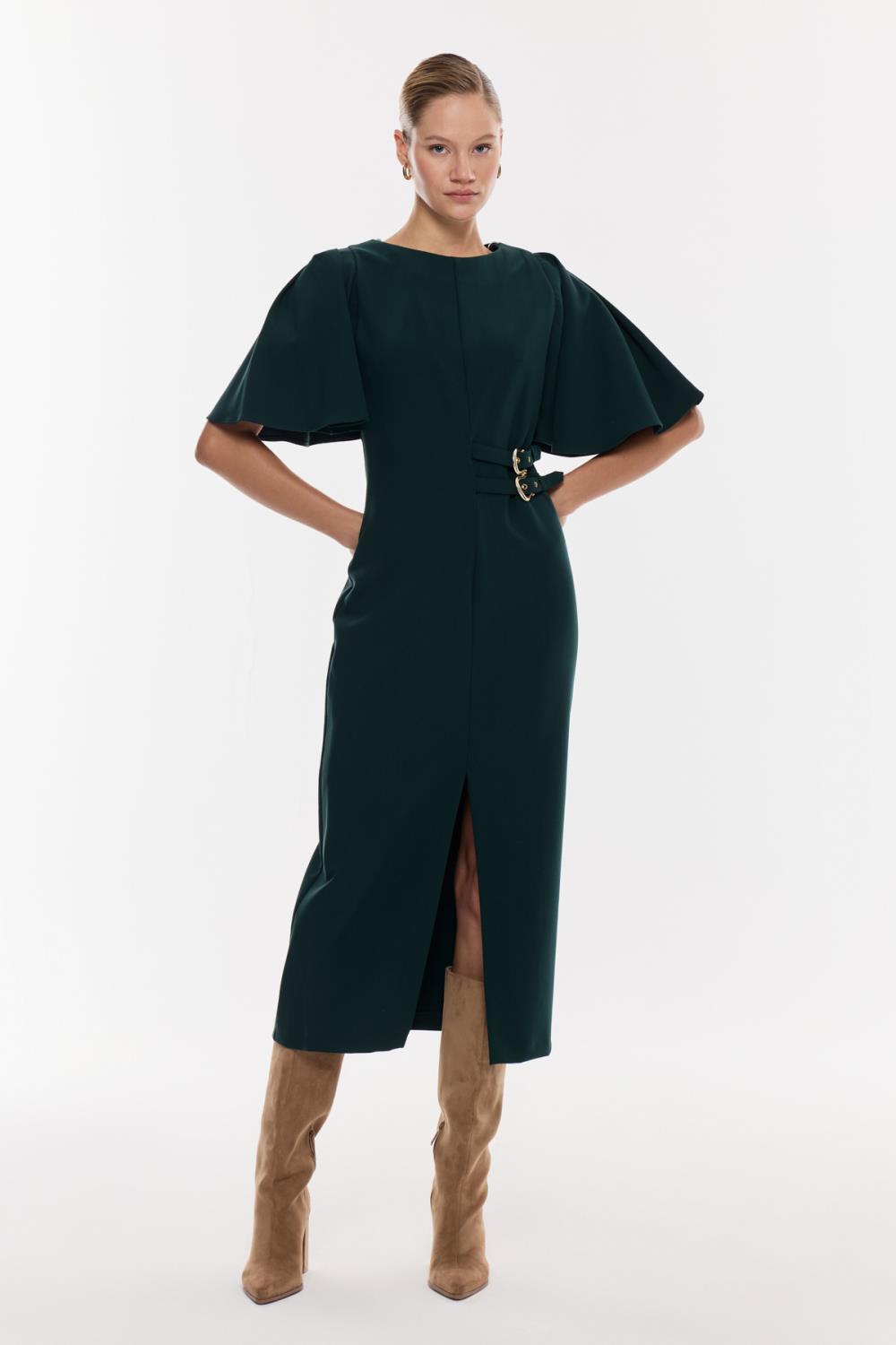 Kemer Detaylı Yırtmaçlı Midi Elbise