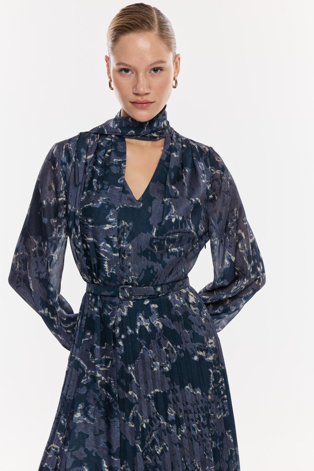 Desenli Şifon Piliseli Midi Elbise