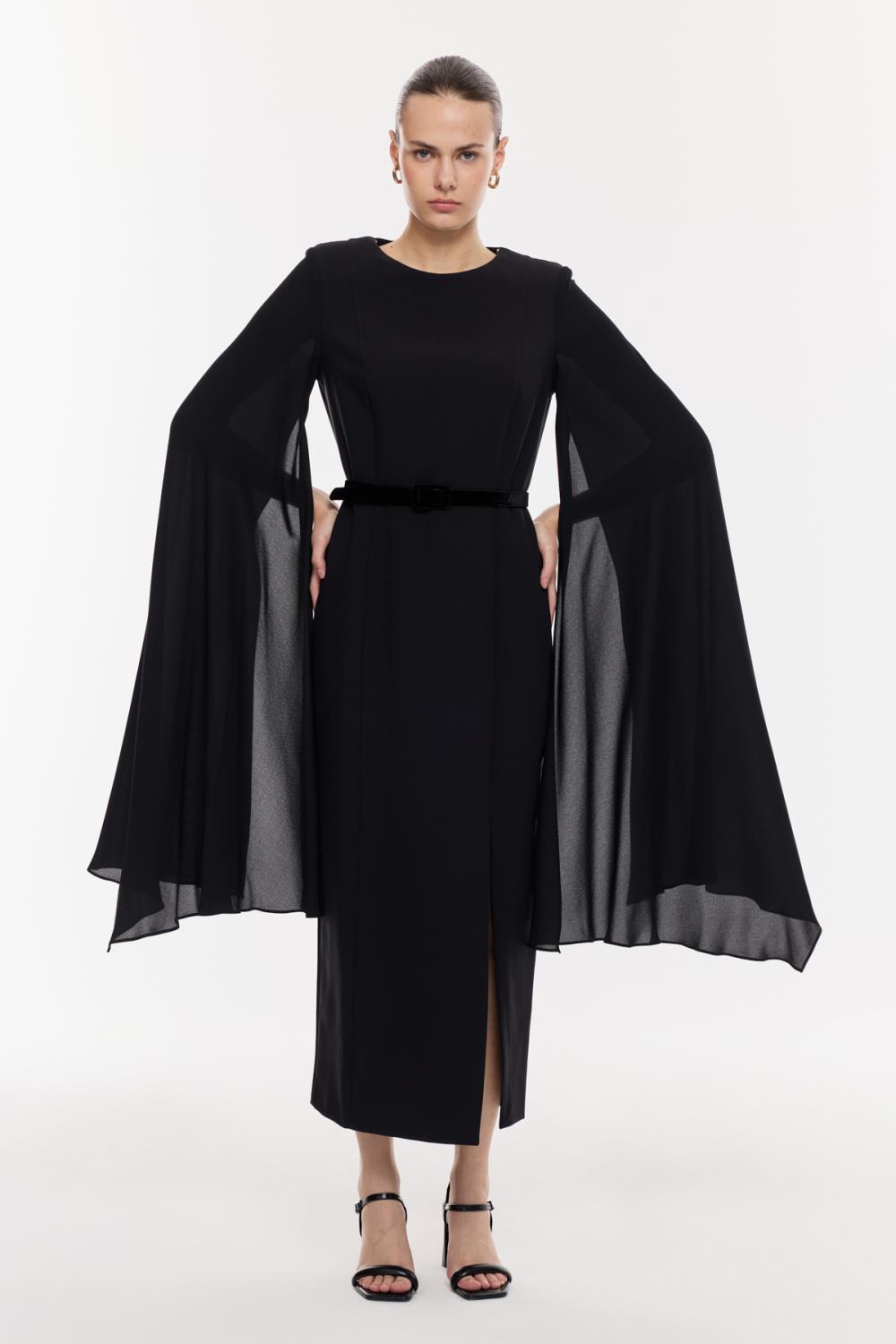 Pelerin Kollu Uzun Elbise