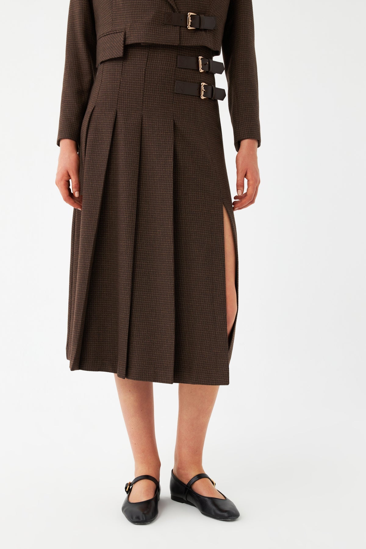 Yüksek Bel Pileli Midi Etek