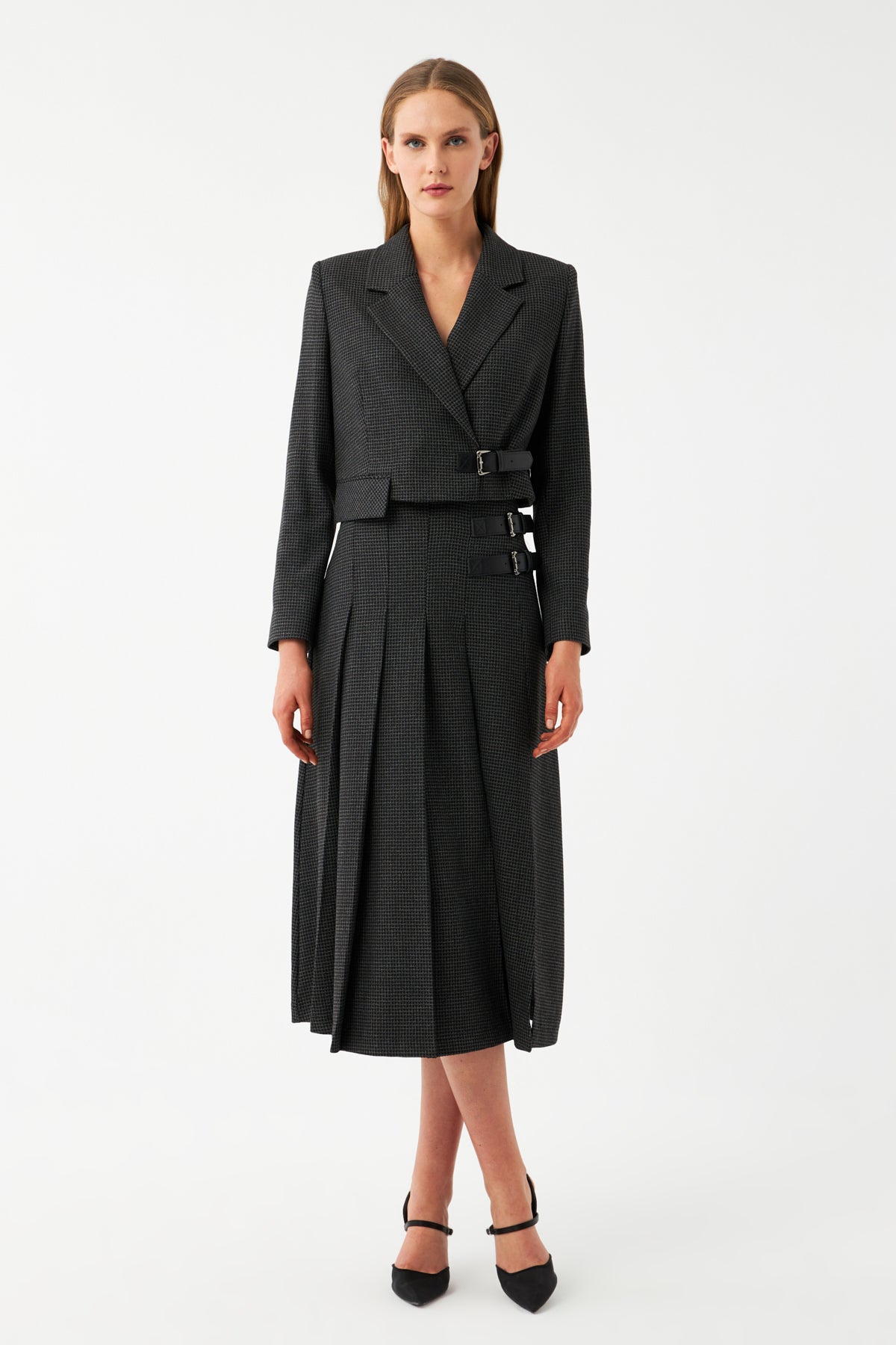 Yüksek Bel Pileli Midi Etek