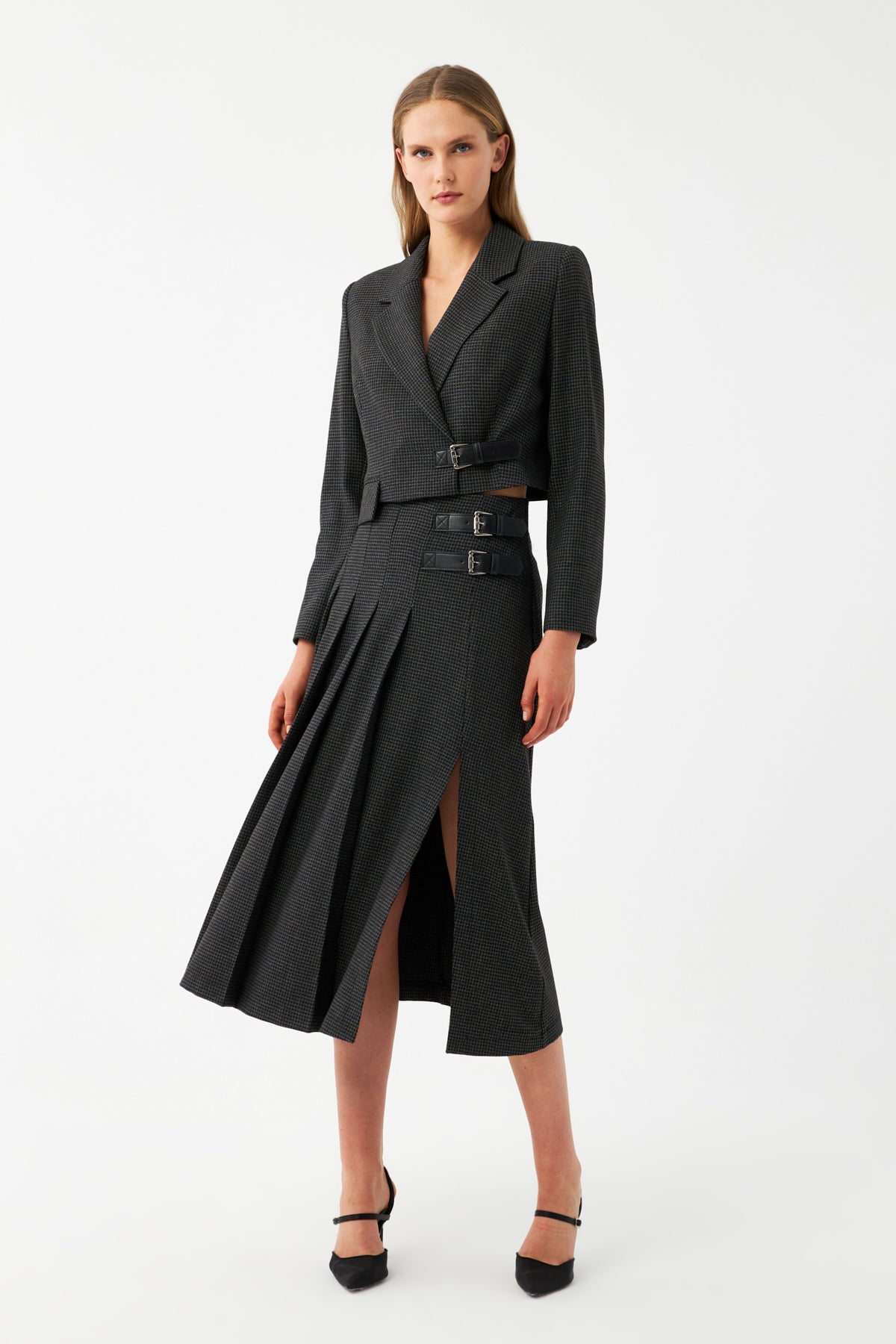 Yüksek Bel Pileli Midi Etek