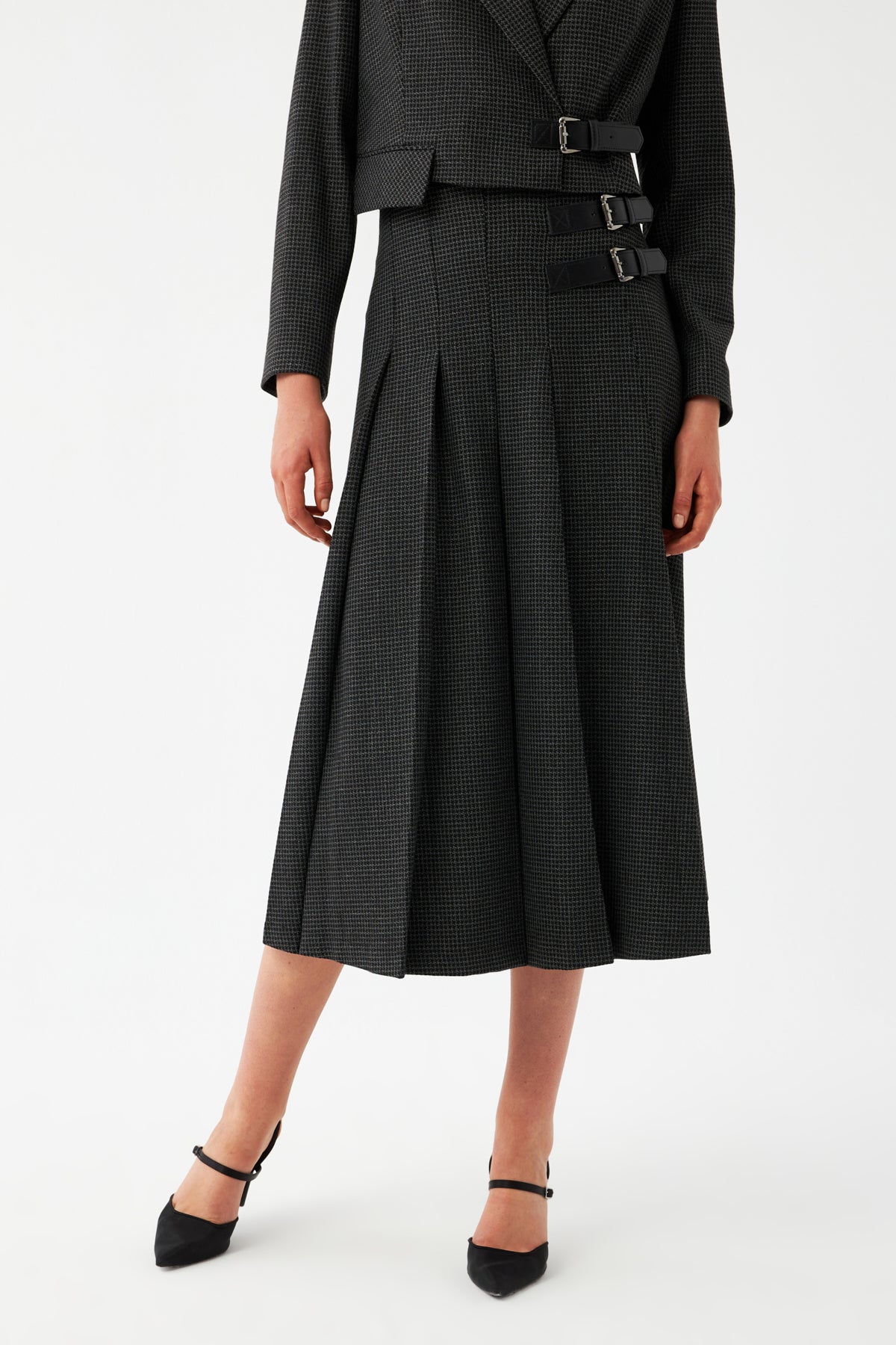 Yüksek Bel Pileli Midi Etek