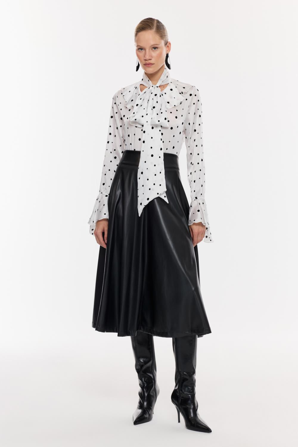 Suni Deri Pileli Midi Etek