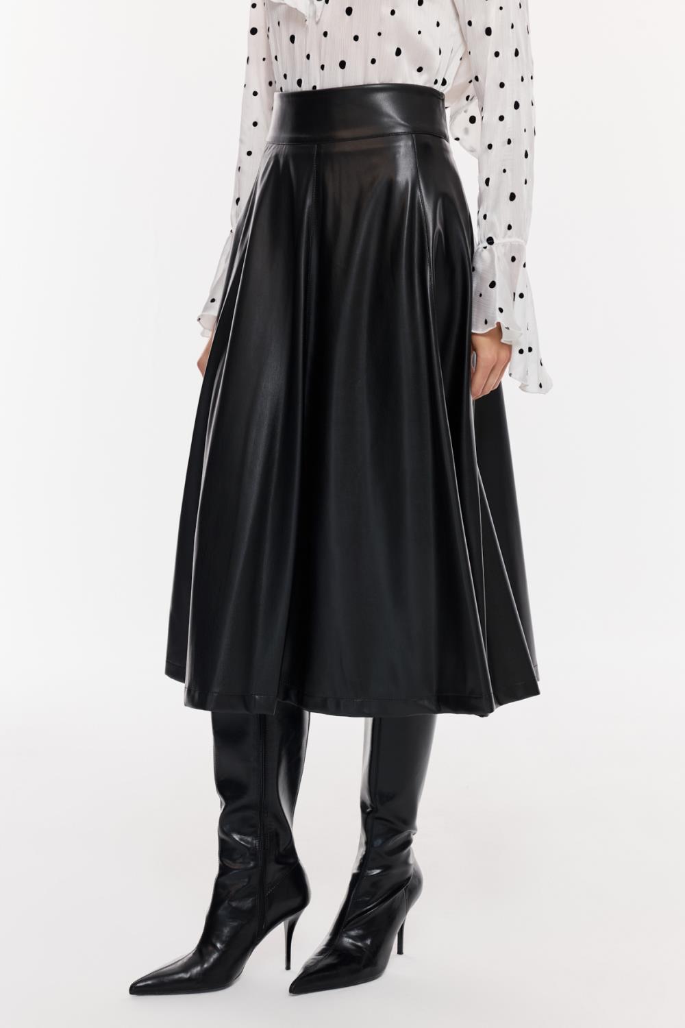 Suni Deri Pileli Midi Etek