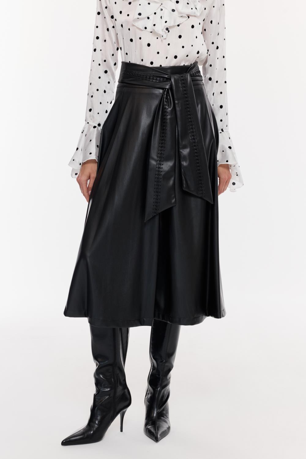 Suni Deri Pileli Midi Etek