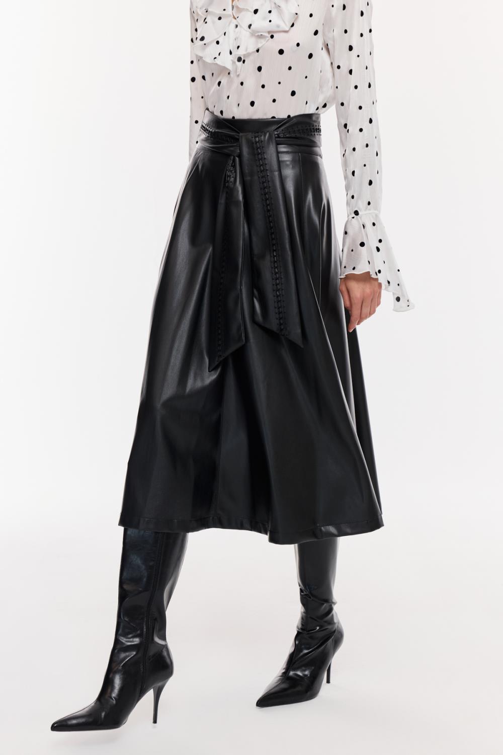 Suni Deri Pileli Midi Etek