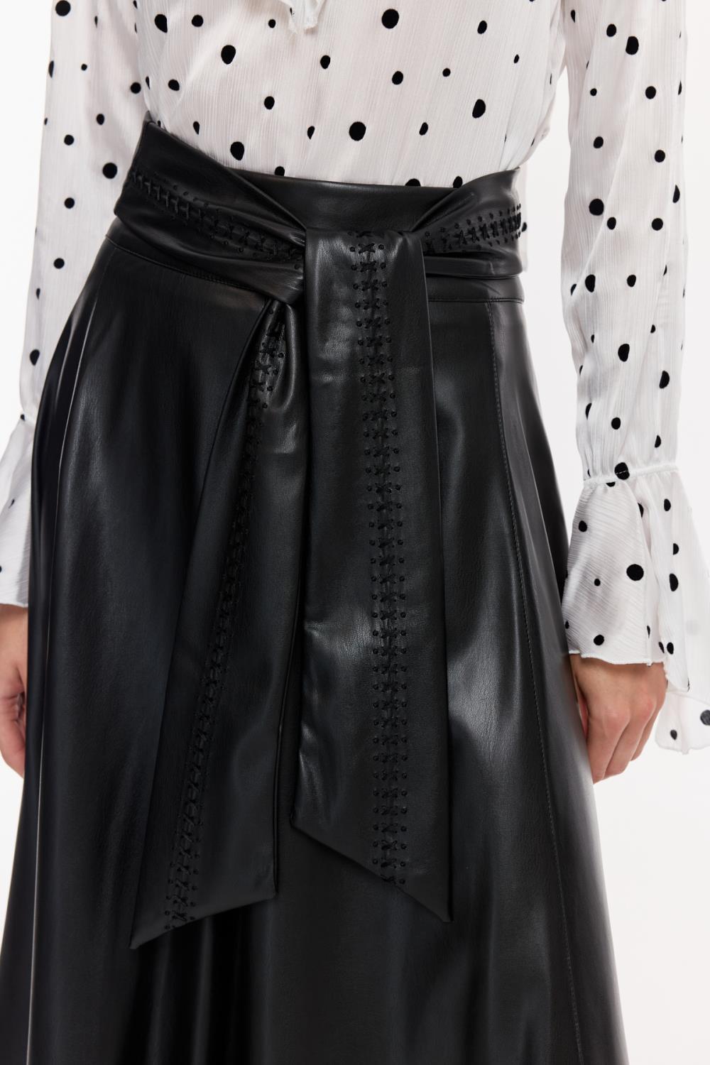 Suni Deri Pileli Midi Etek