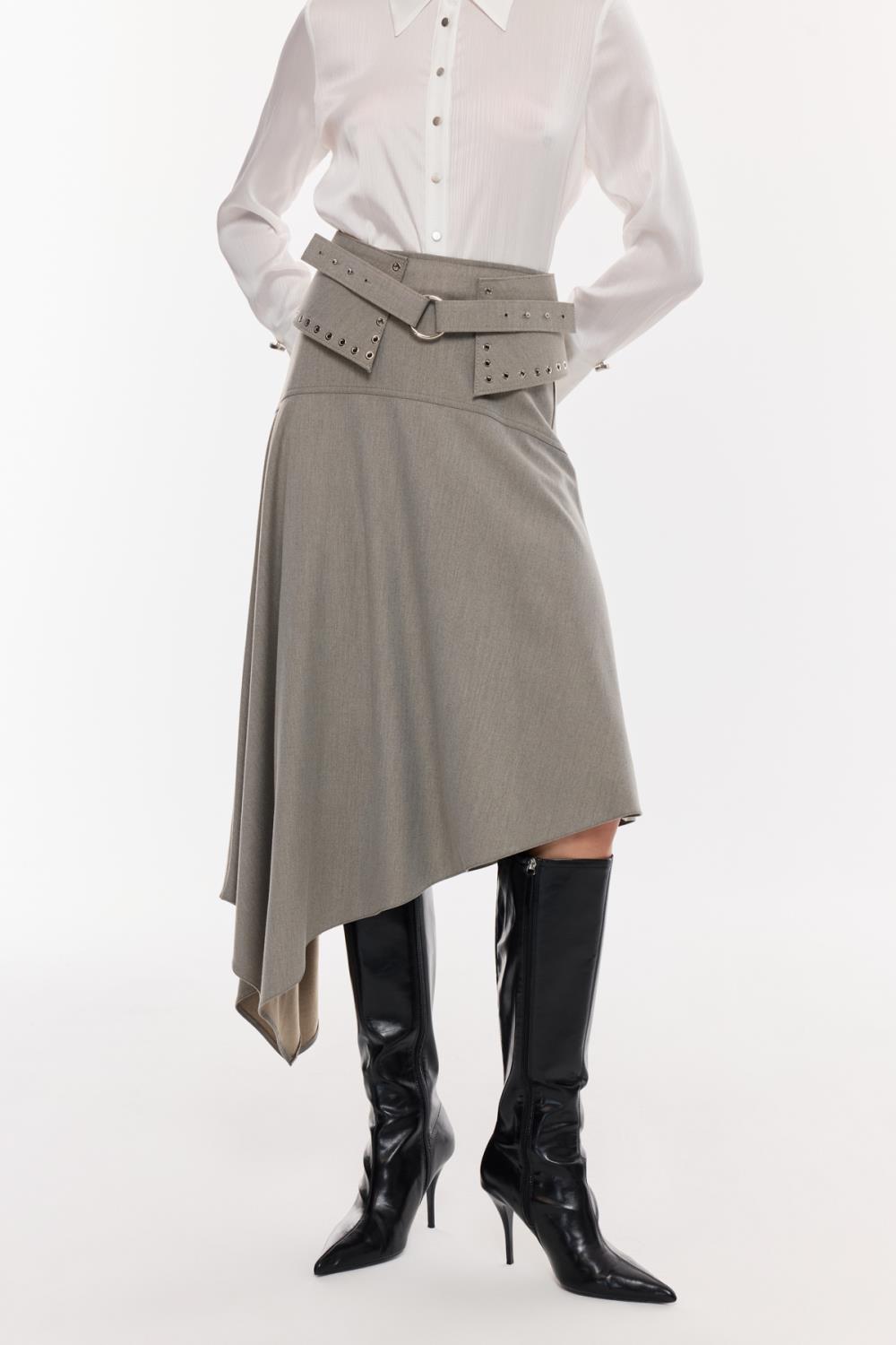 Kemer Detaylı Asimetrik Midi Etek