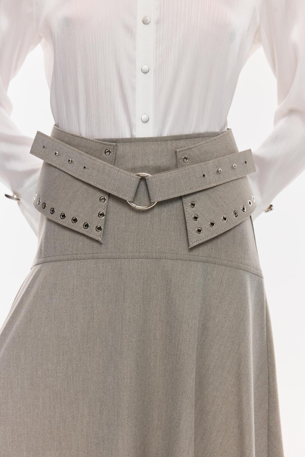 Kemer Detaylı Asimetrik Midi Etek