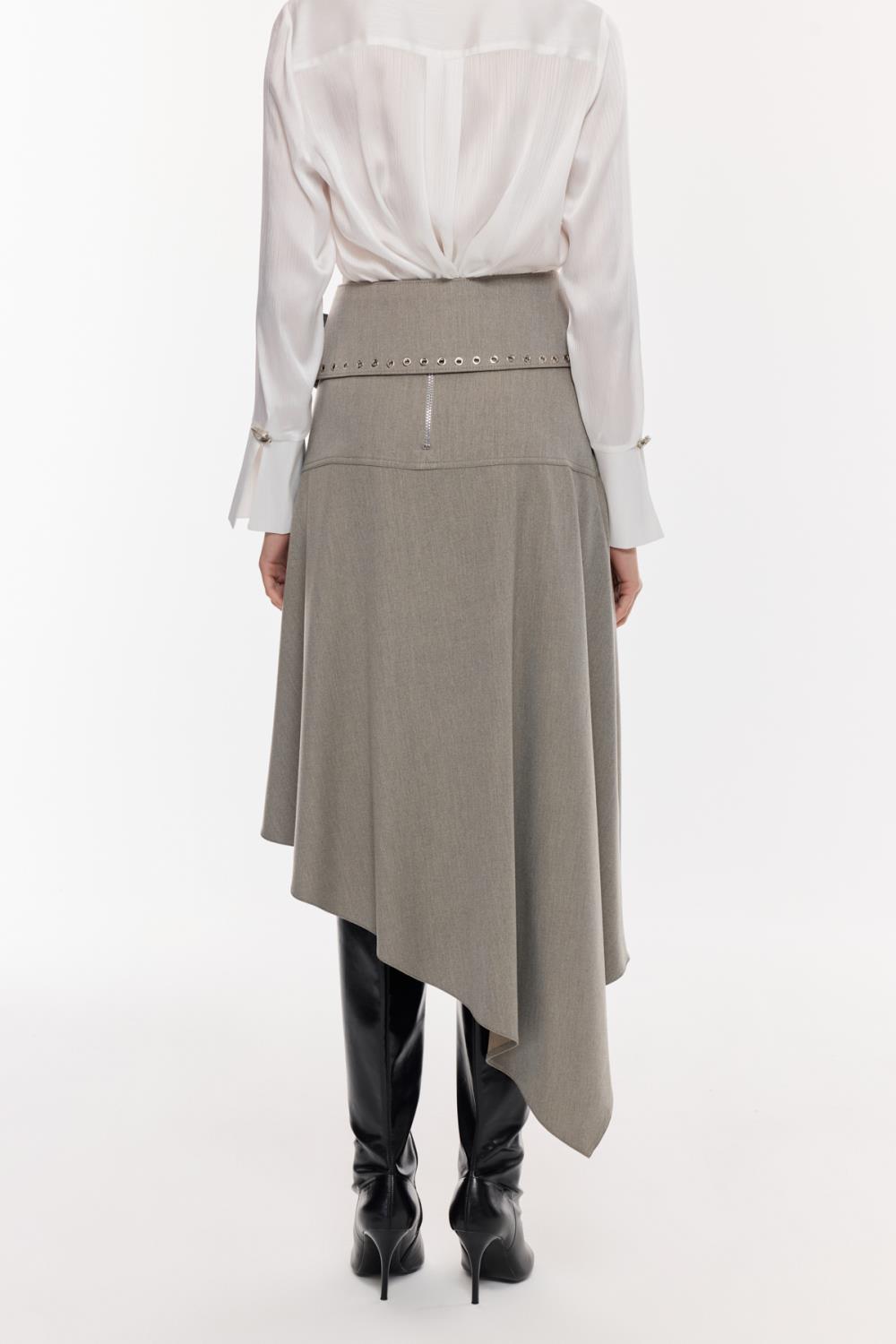 Kemer Detaylı Asimetrik Midi Etek