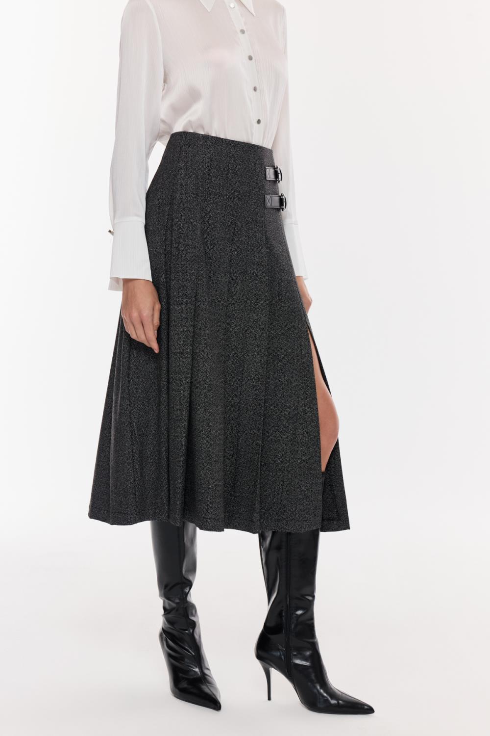 Tokalı Yırtmaç Detaylı Midi Etek