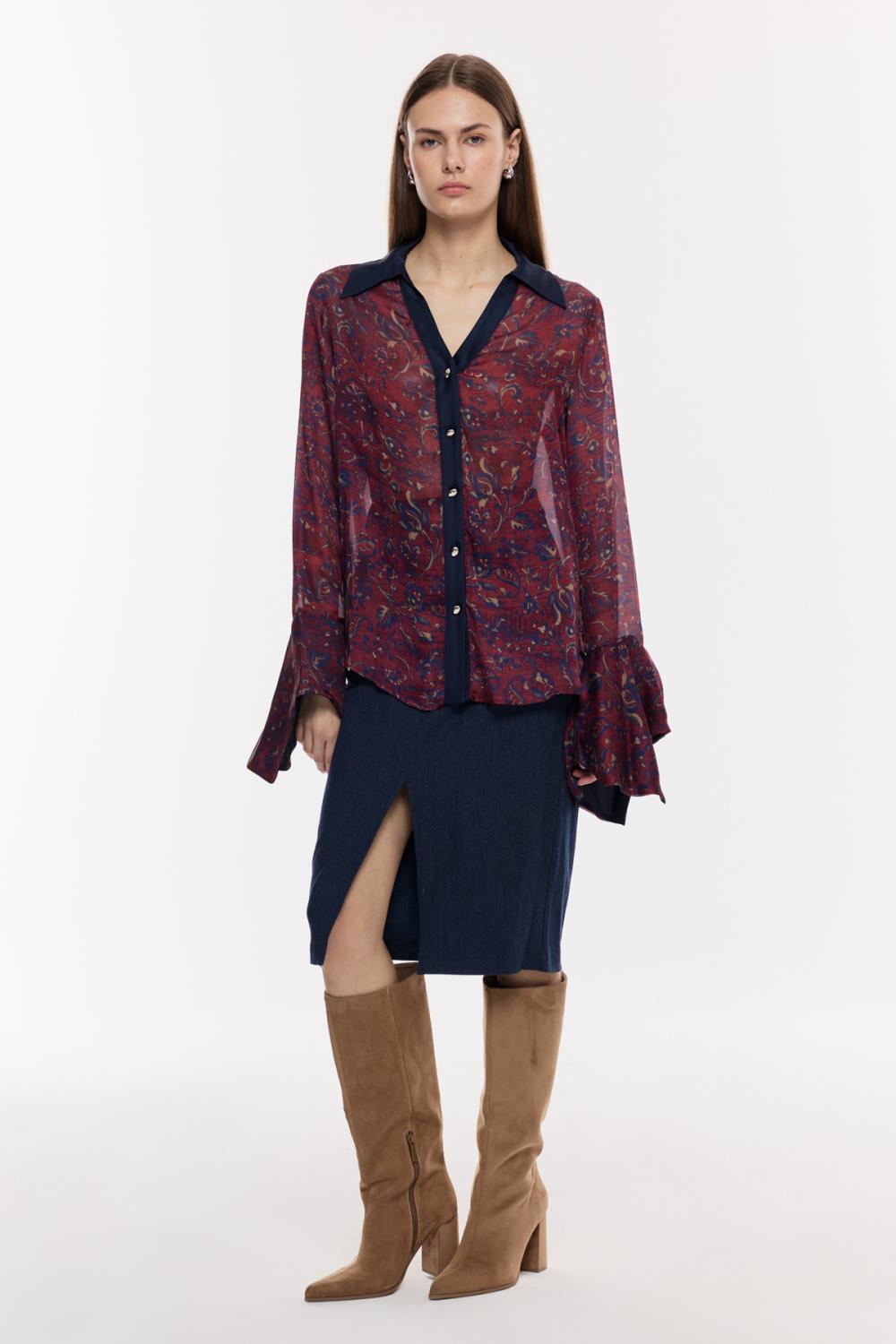 Desenli Şifon Geniş Manşetli Bluz