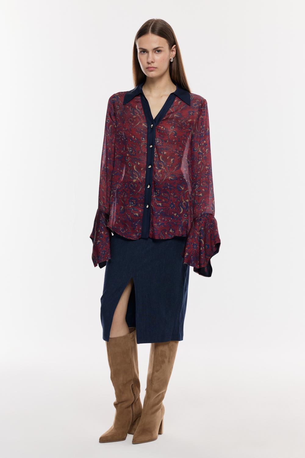 Desenli Şifon Geniş Manşetli Bluz