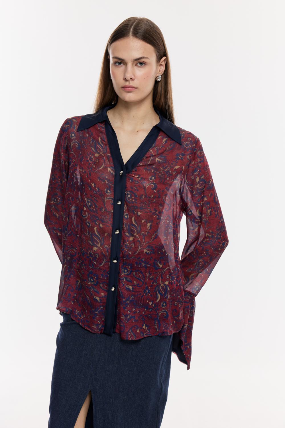 Desenli Şifon Geniş Manşetli Bluz