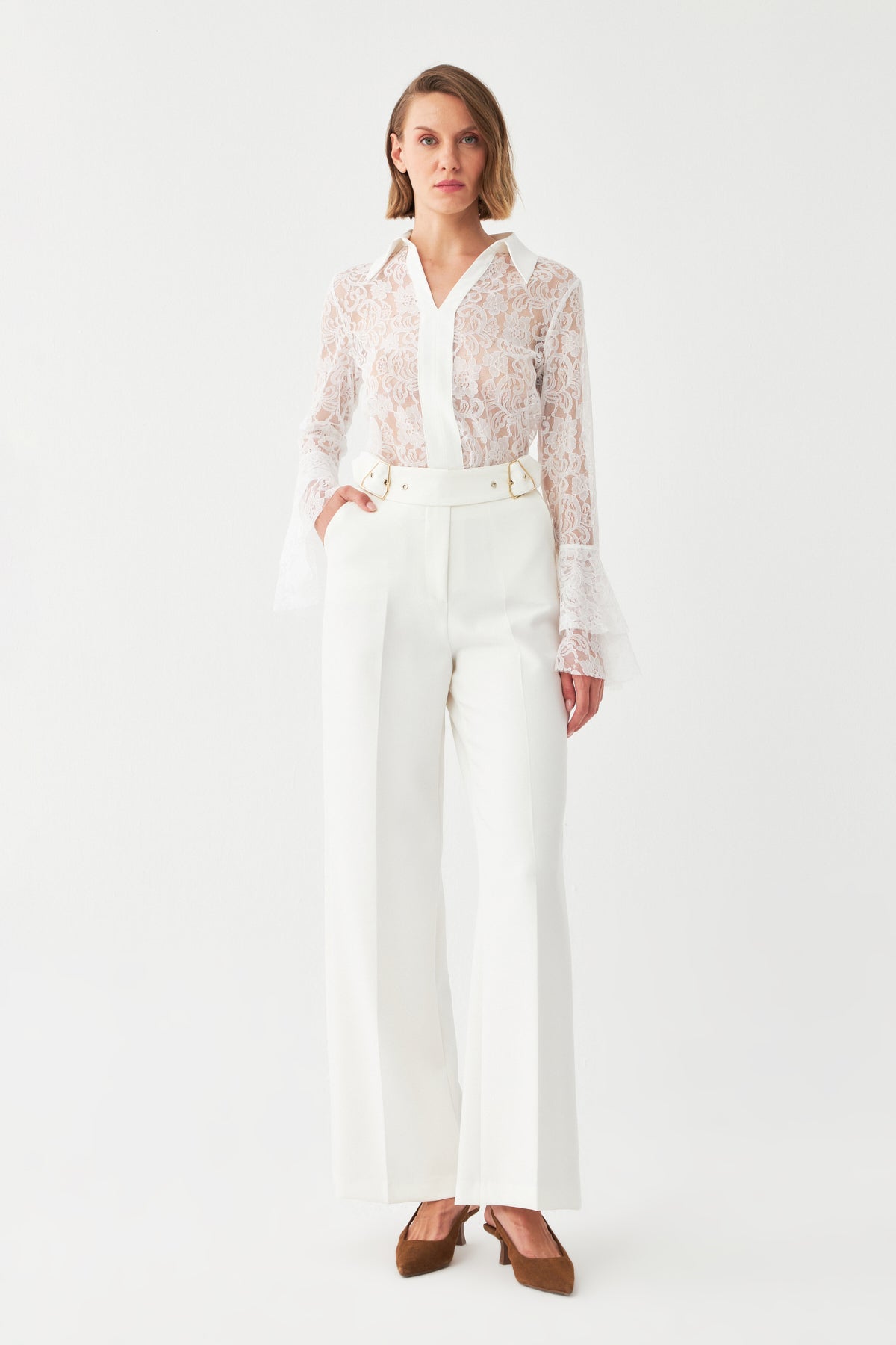 Çift Tokalı Yüksek Bel Pantolon