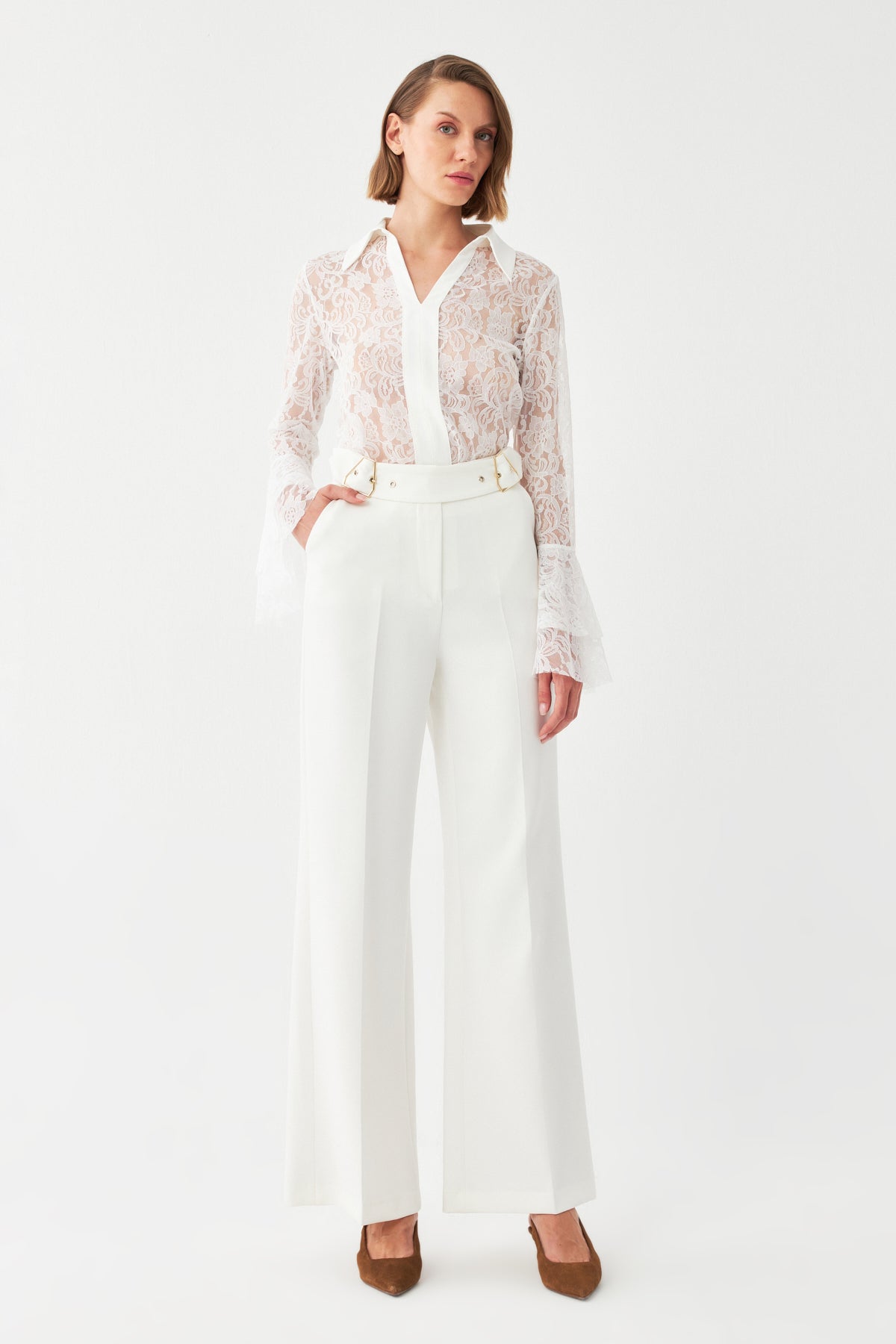 Çift Tokalı Yüksek Bel Pantolon