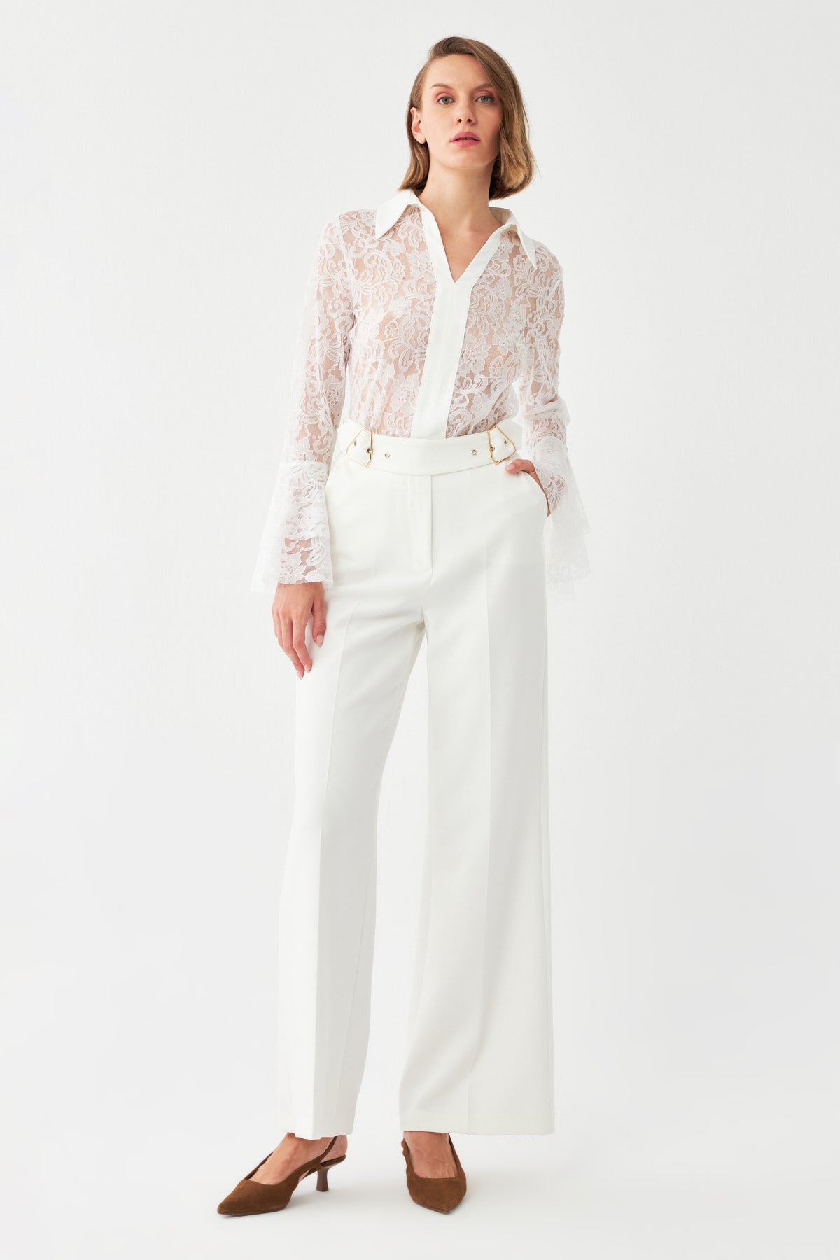 Çift Tokalı Yüksek Bel Pantolon