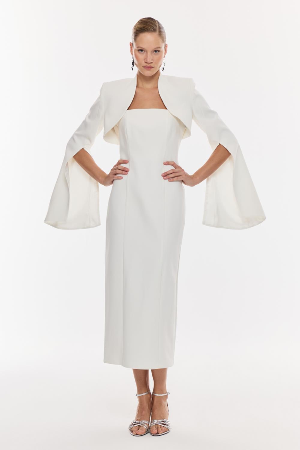 Pelerin Kollu Midi Elbise