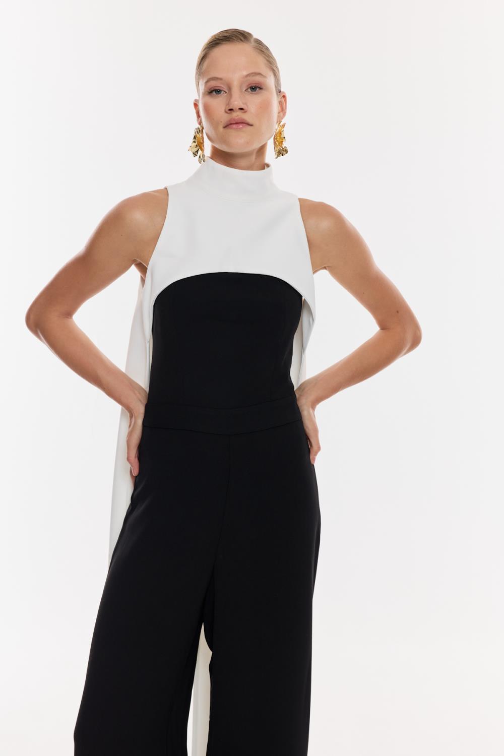 Siyah-Beyaz Renk Bloklu Tulum