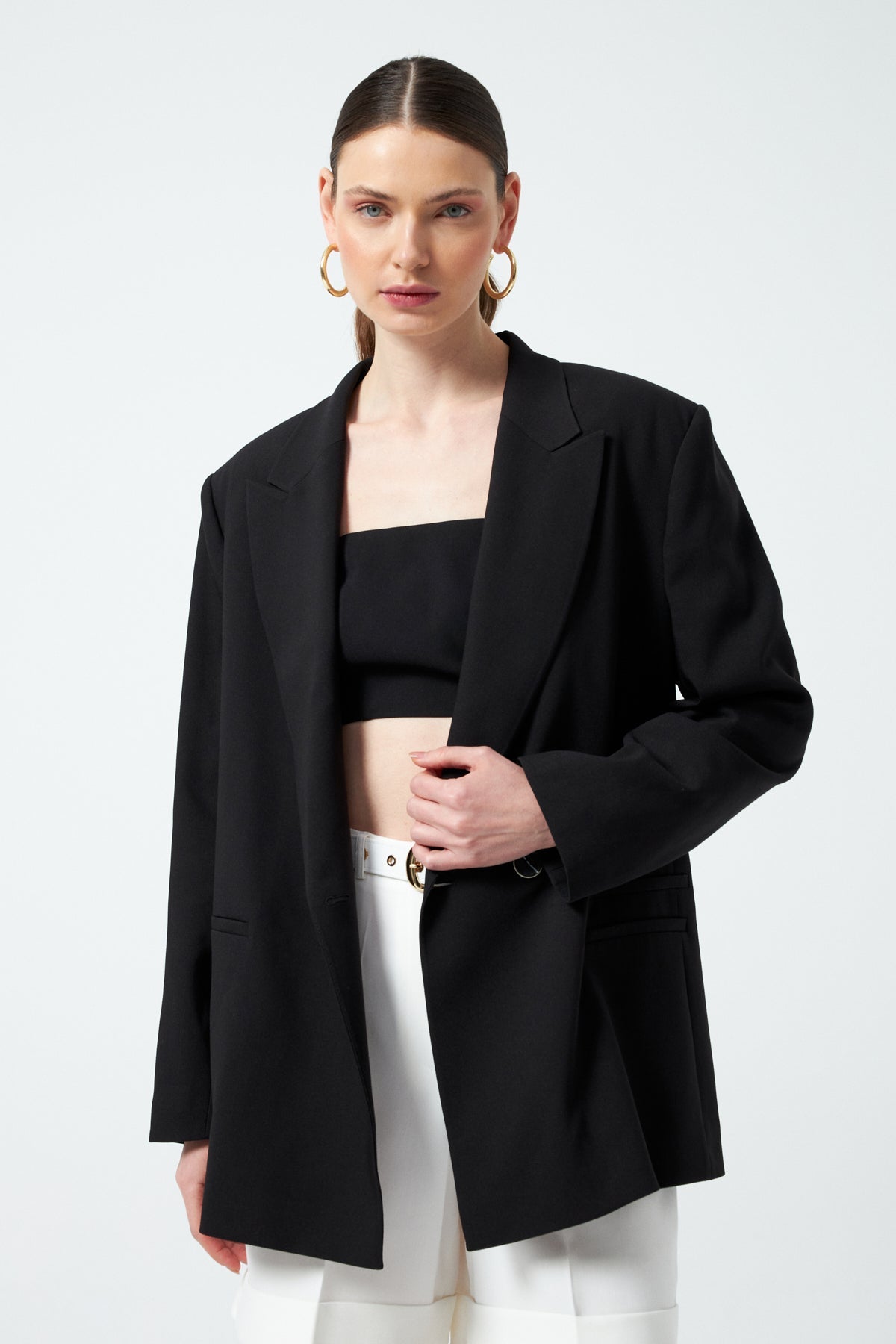 Vatkalı ve Tek Düğmeli Oversize Blazer Ceket - Siyah