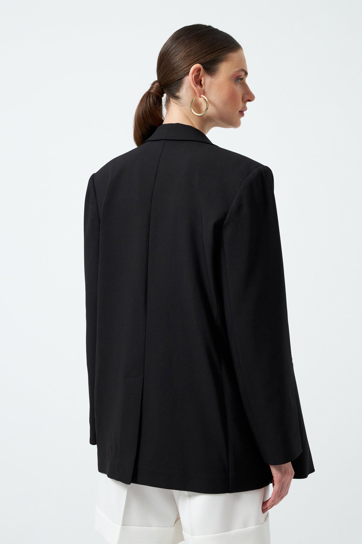 Vatkalı ve Tek Düğmeli Oversize Blazer Ceket - Siyah