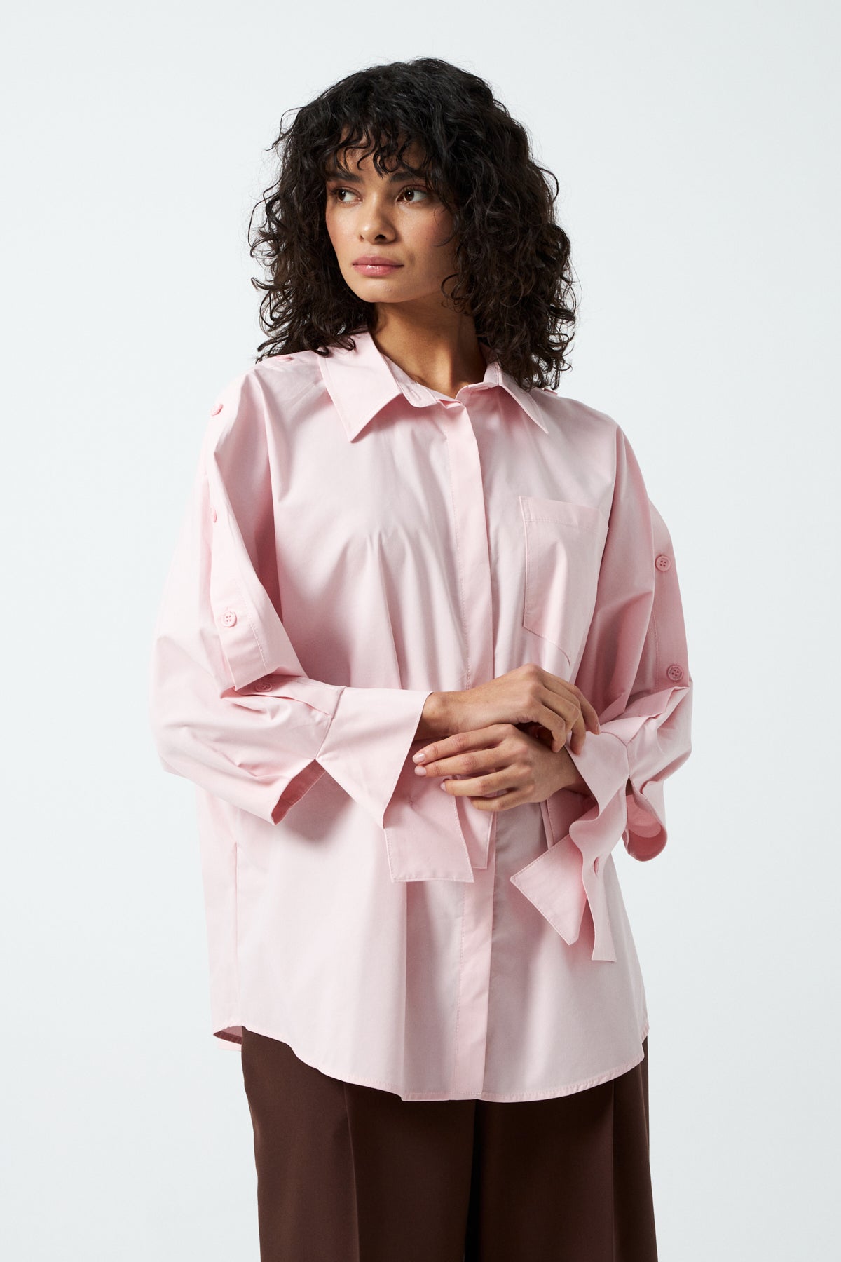 Yırtmaç Manşetli Oversize Gömlek - Pembe