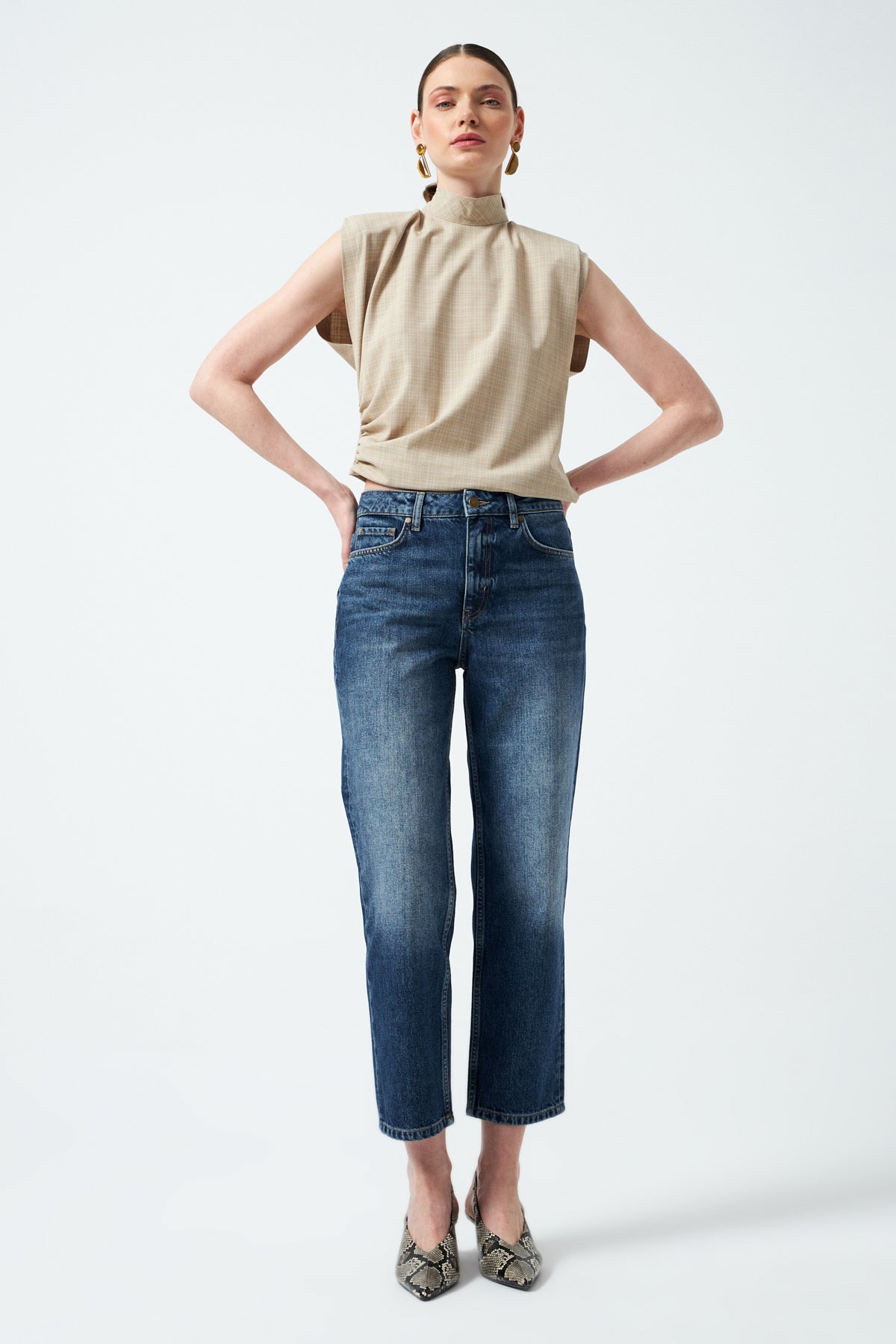 Yüksek Bel Kısa Paça Denim Pantolon - Mavi