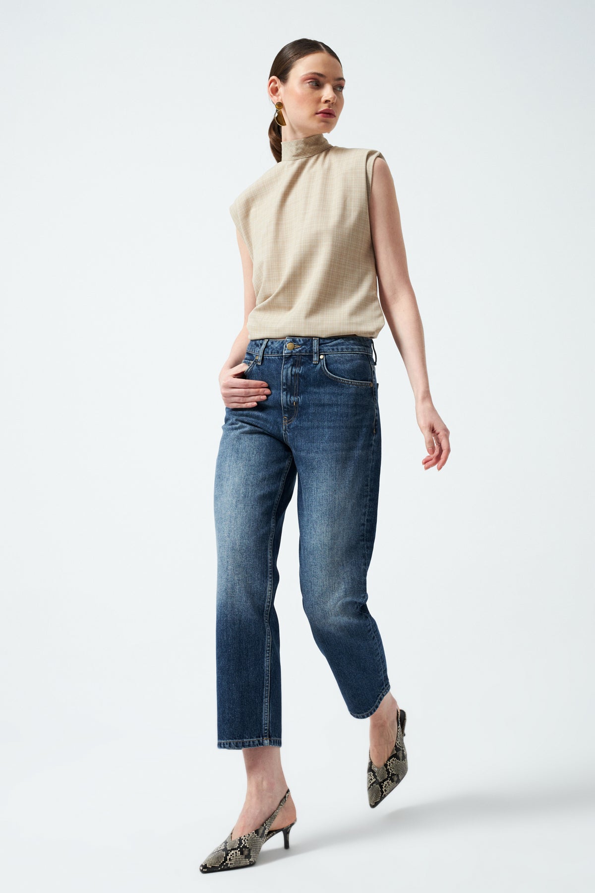 Yüksek Bel Kısa Paça Denim Pantolon - Mavi