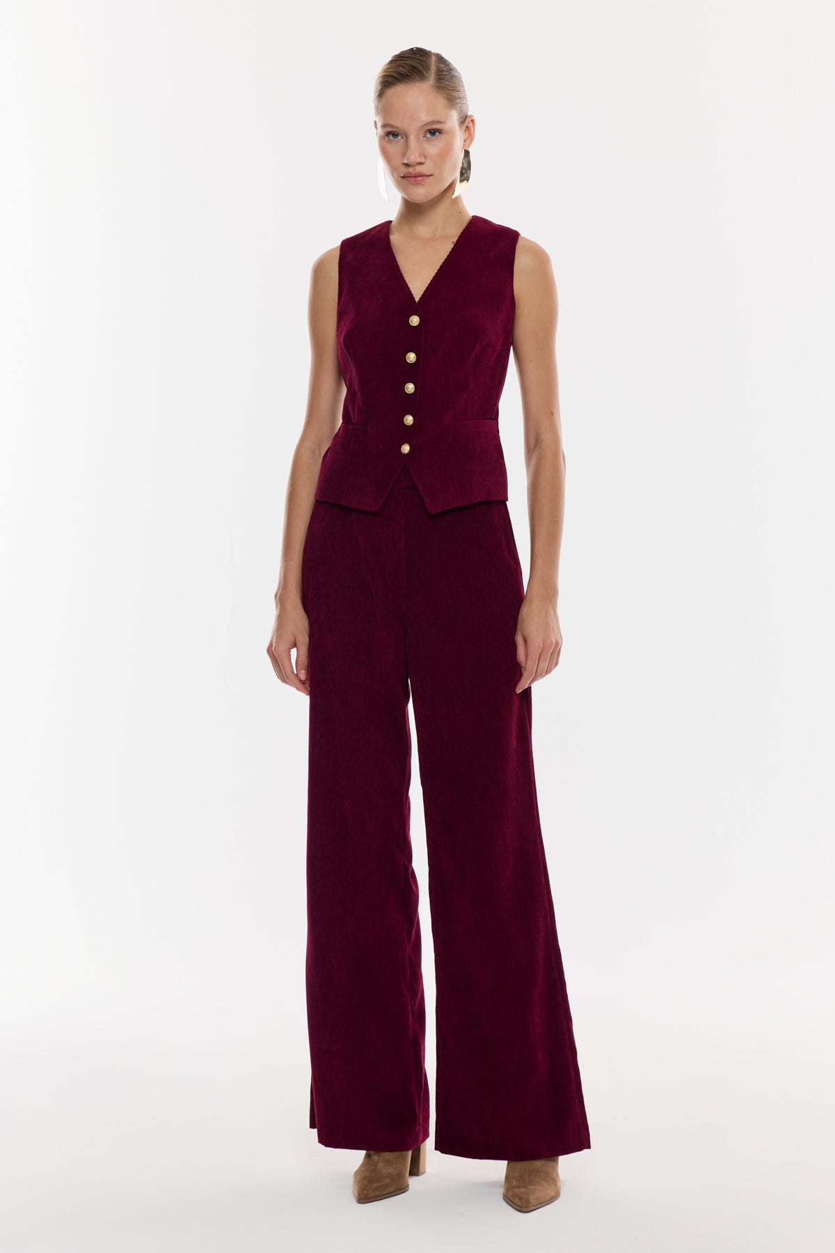 Kadife Düğmeli Yelek Takım