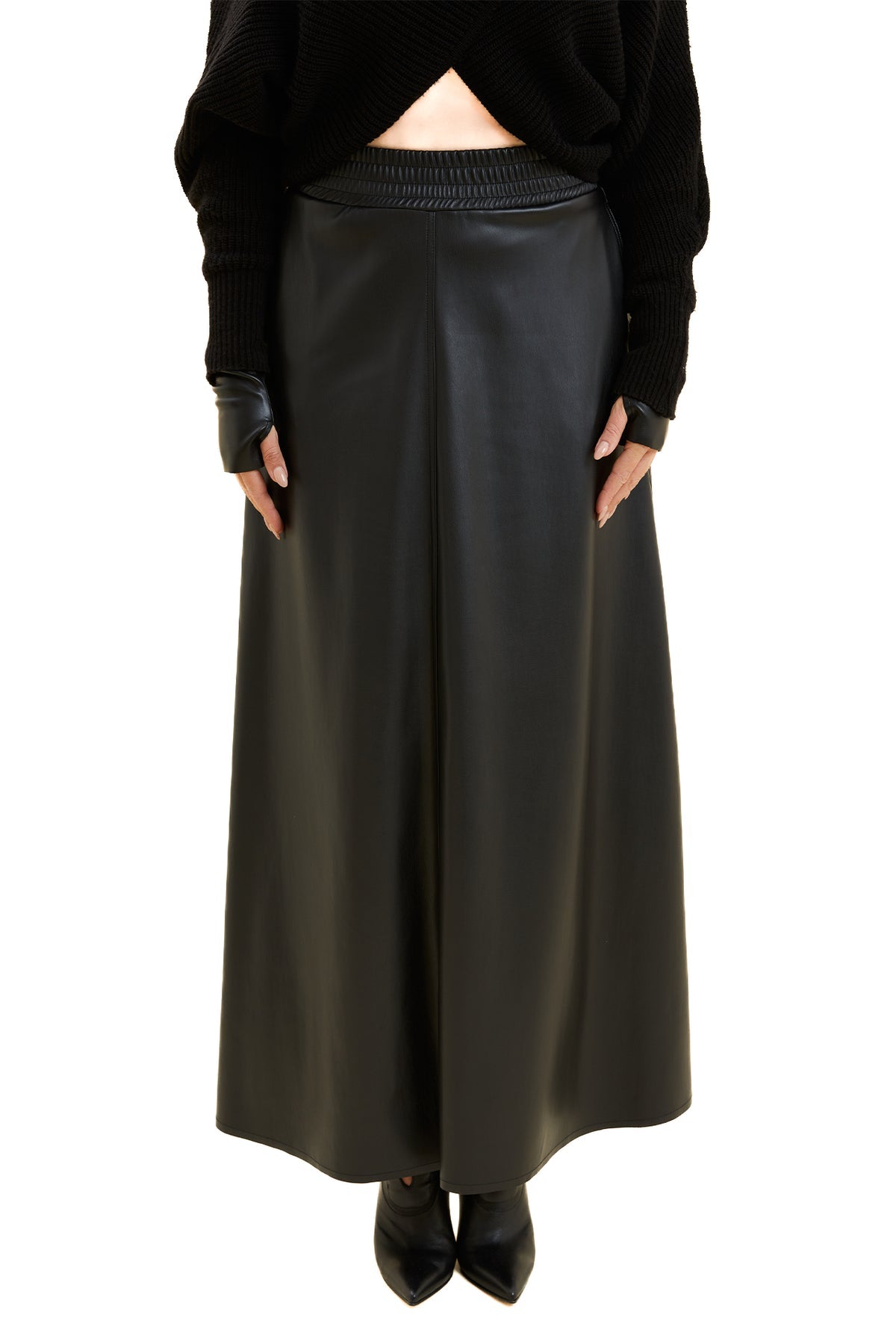 Beli Lastikli Deri Uzun Etek