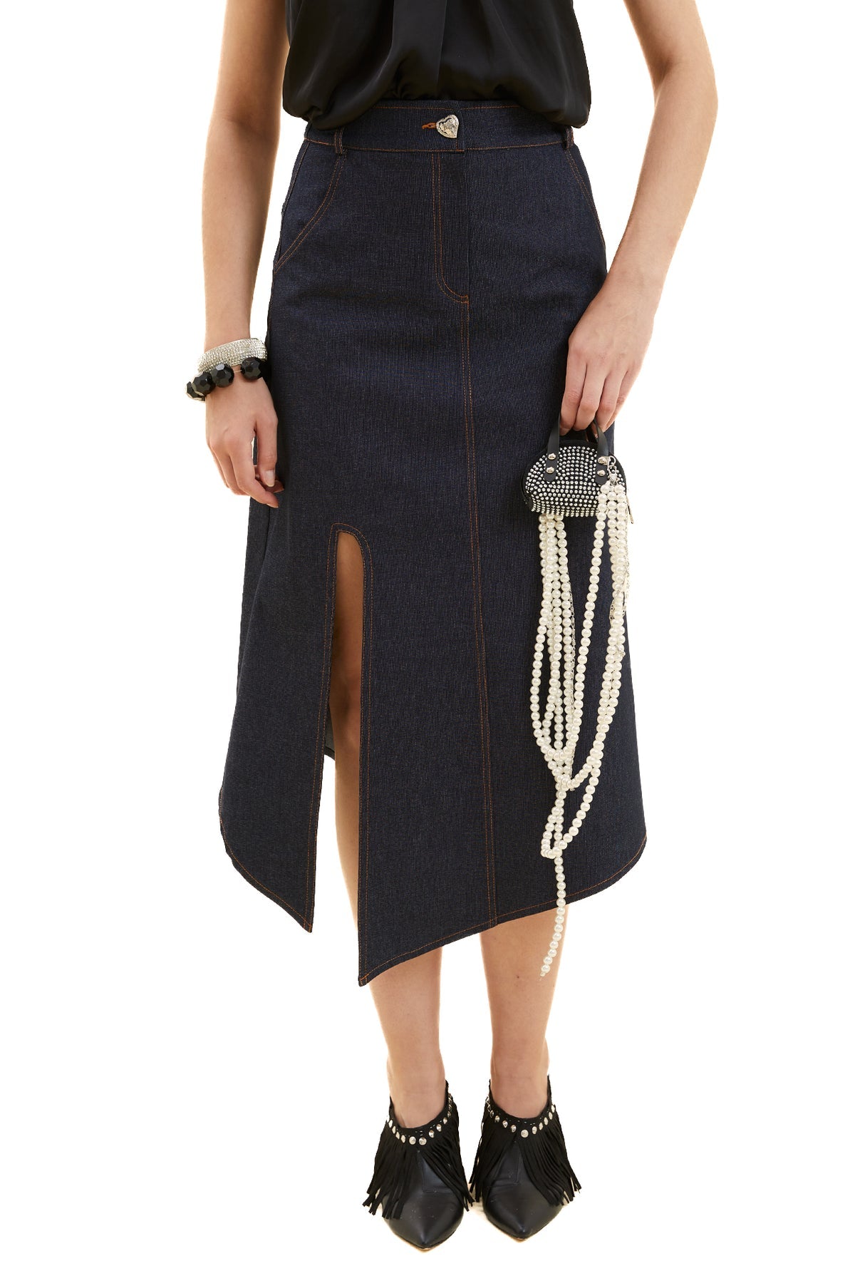 Yırtmaçlı Asimetrik Jean Etek