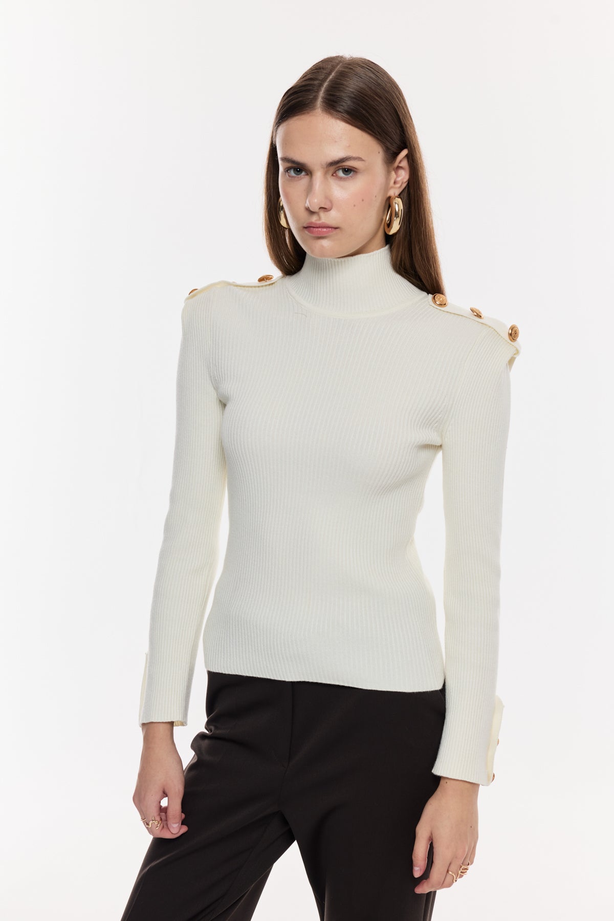 Omuz-Kol Düğme Detaylı Triko Bluz