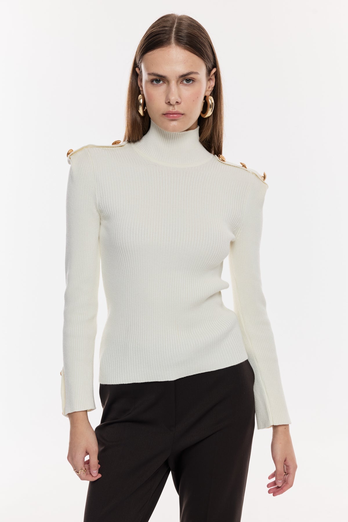 Omuz-Kol Düğme Detaylı Triko Bluz