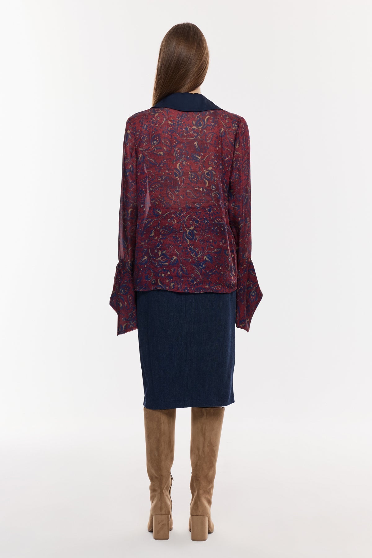 Desenli Kruvaze Bağlamalı Saten Bluz