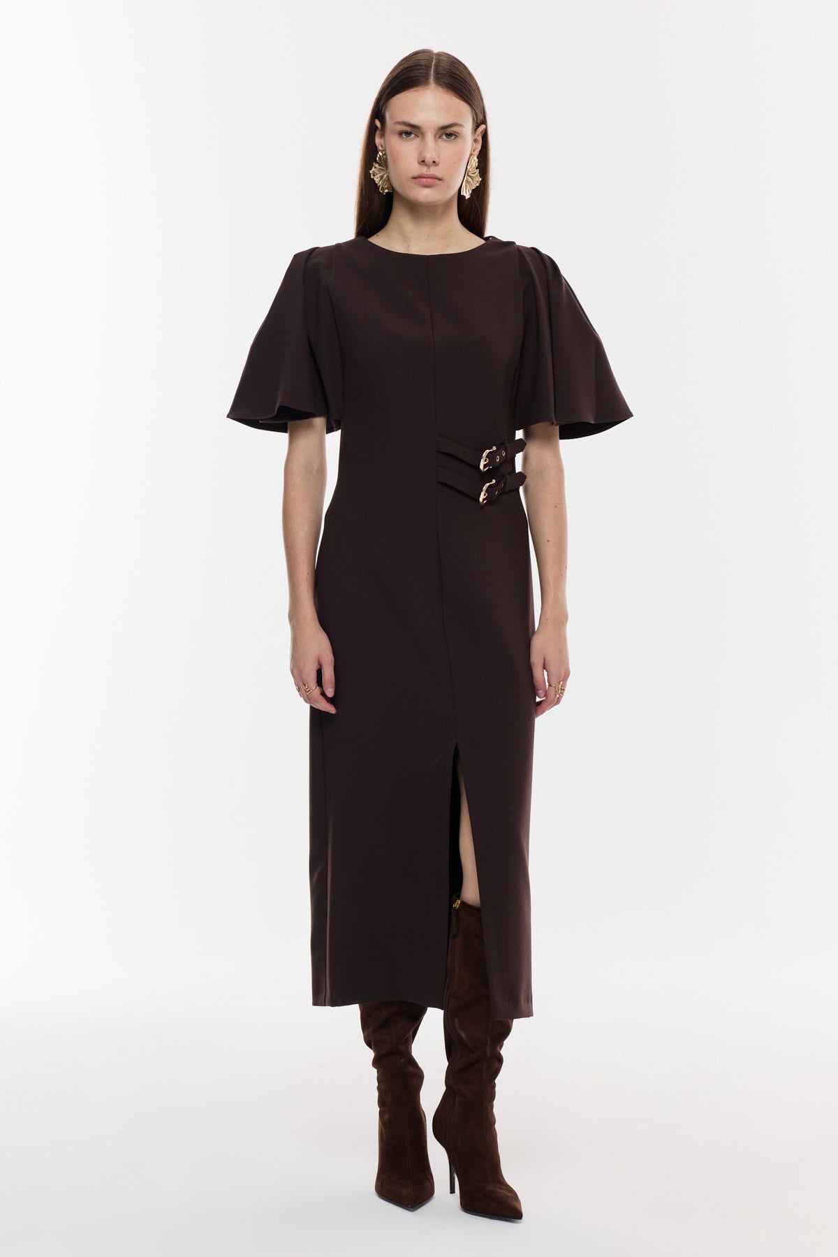 Kemer Detaylı Yırtmaçlı Midi Elbise