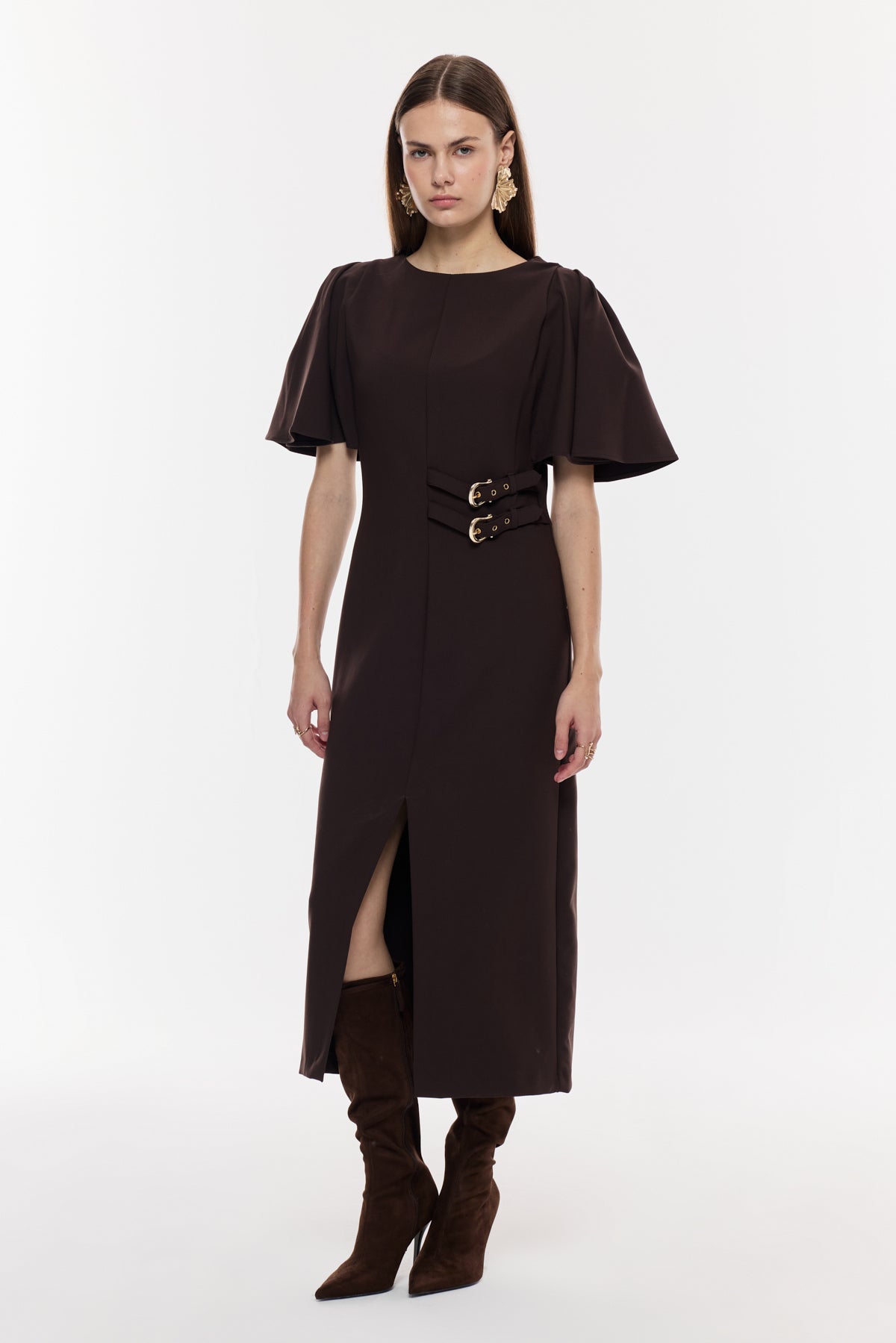 Kemer Detaylı Yırtmaçlı Midi Elbise