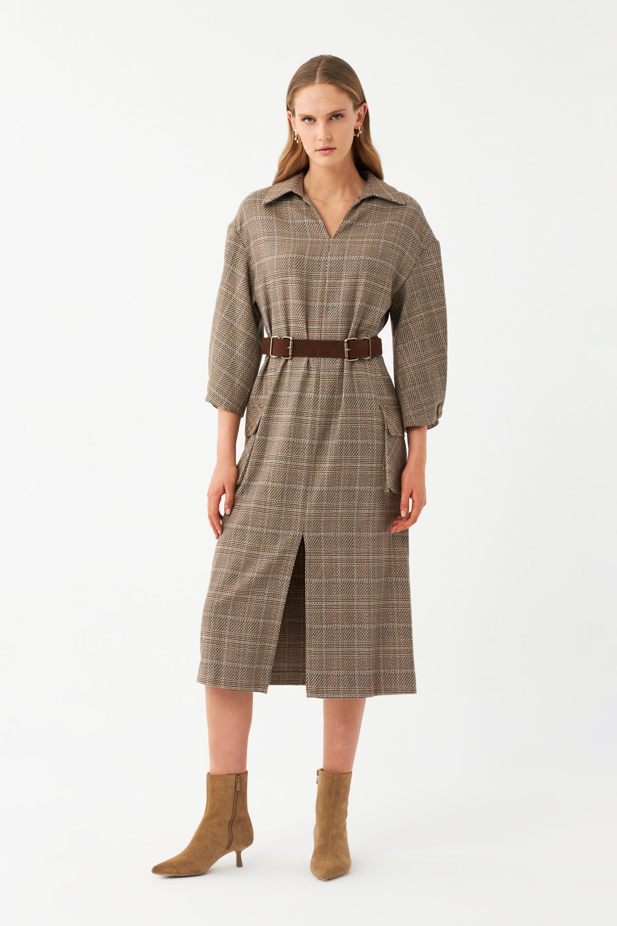 Kareli Kuşaklı Midi Elbise