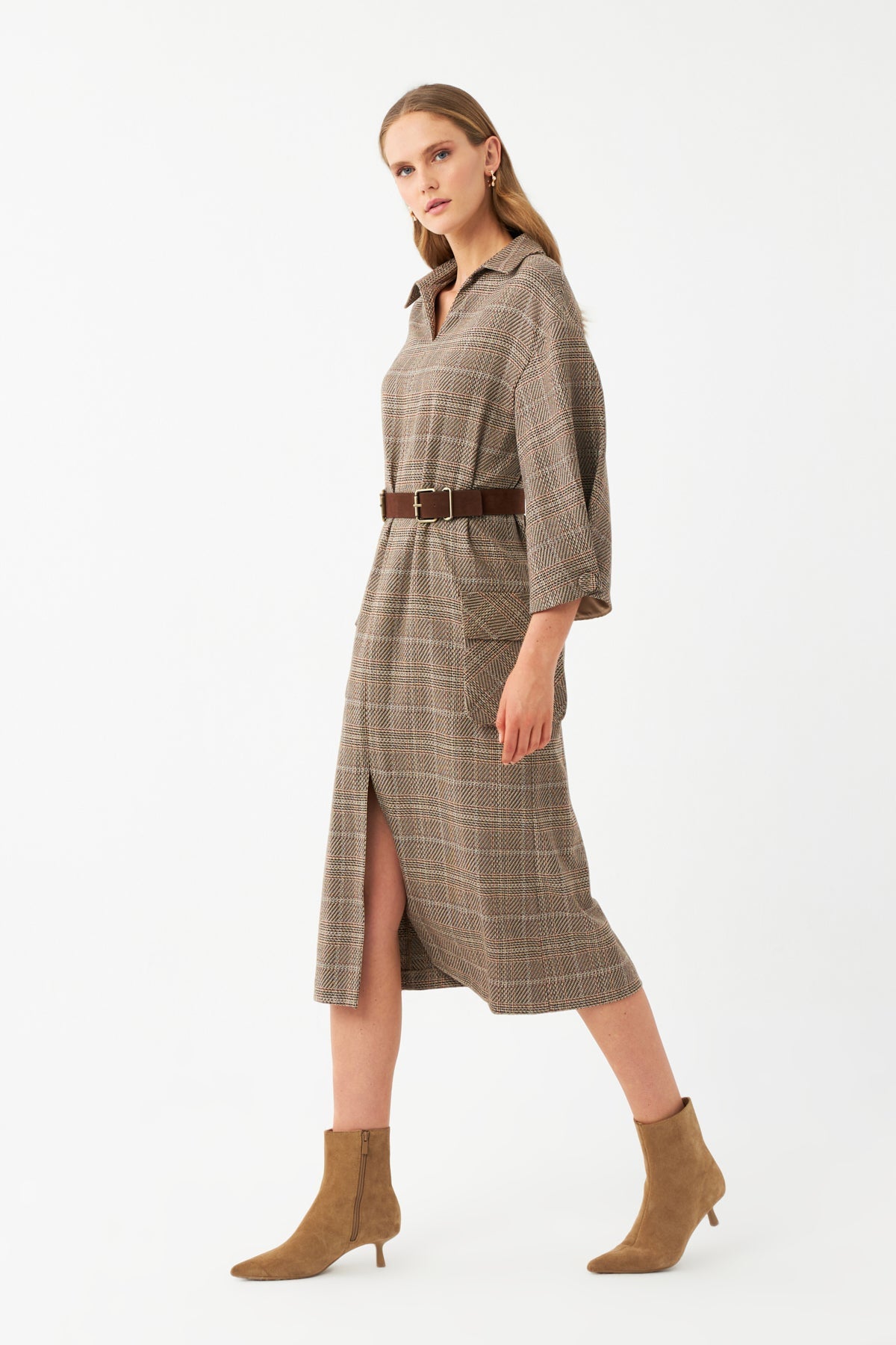 Kareli Kuşaklı Midi Elbise