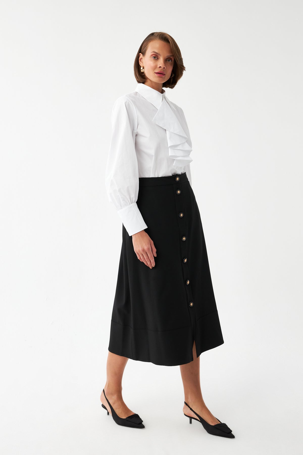 Düğme Detaylı Siyah Midi Etek