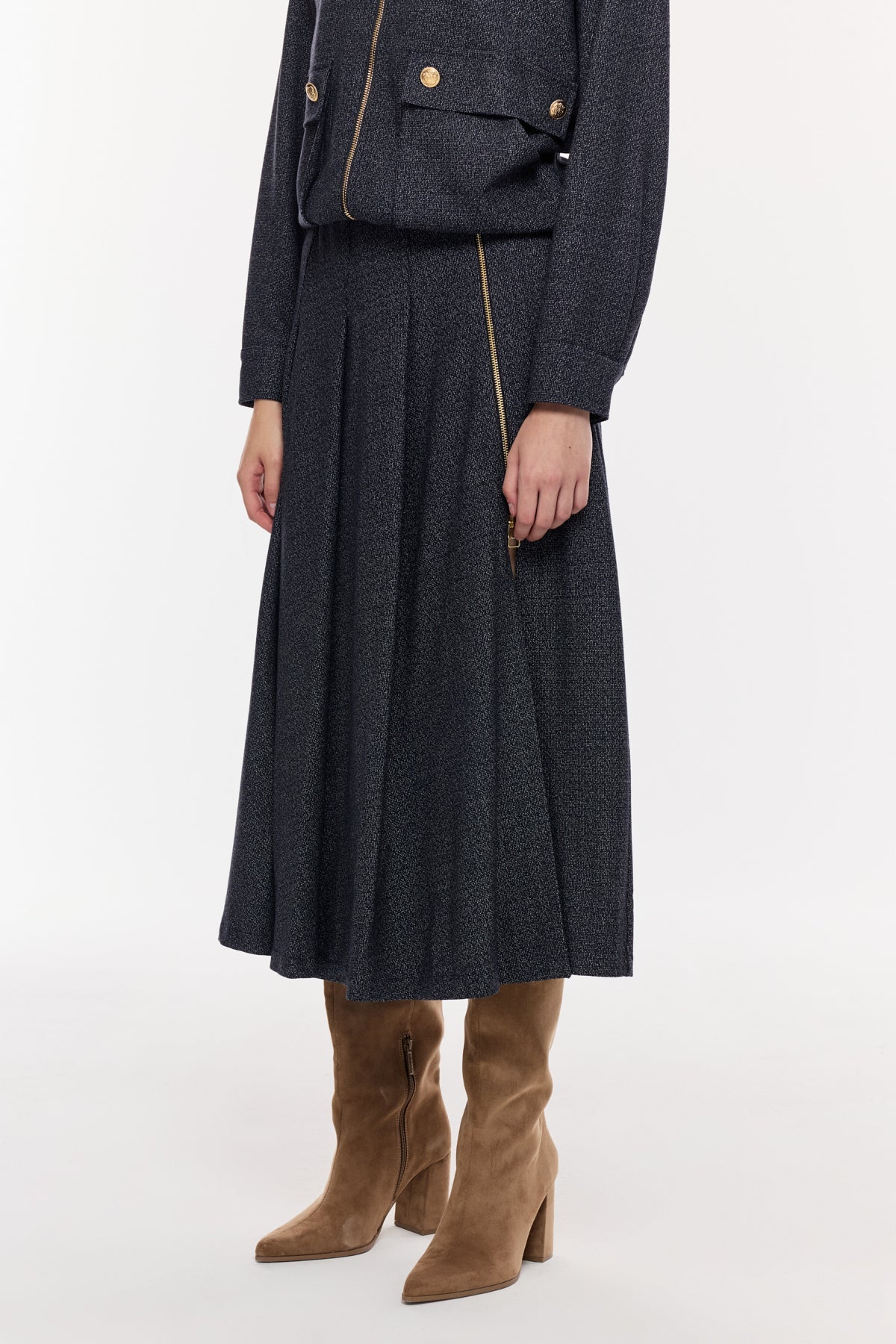 Altın Fermuar Detaylı Midi Etek